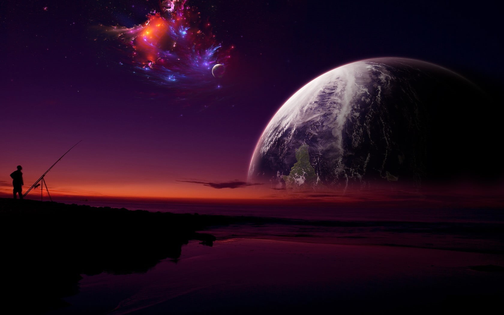 digital art, power in nature, illuminated, land, nature, scenics - nature, star - space, reflection, silhouette, astronomy, space art, night, planet, water, HD Wallpaper