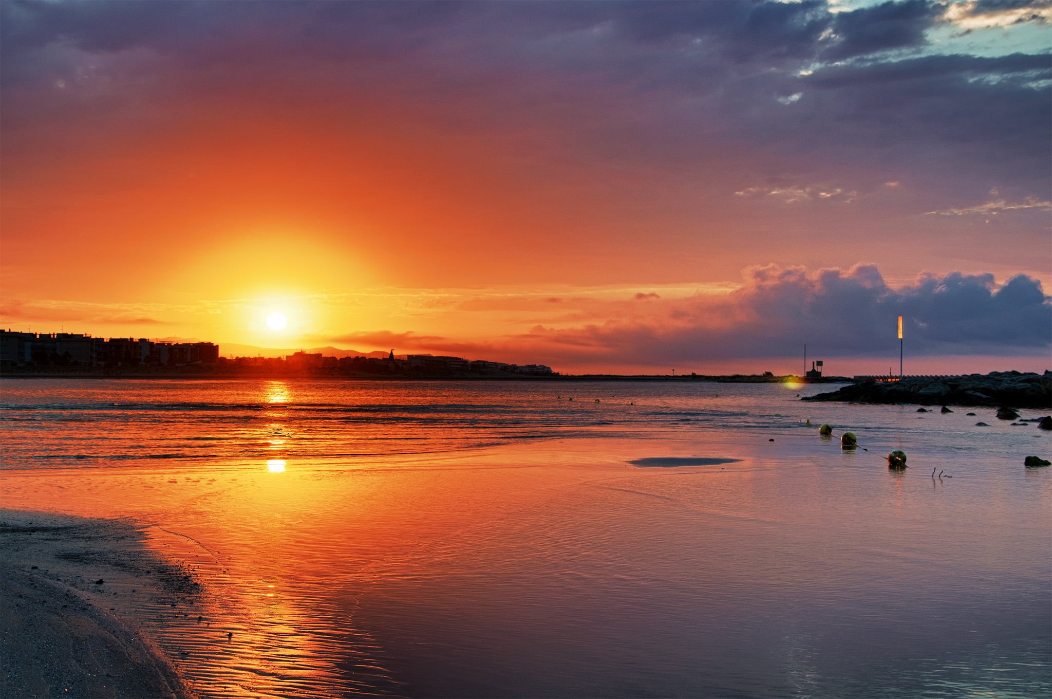 land, sky, water, 1080P, reflection, Sunrise, sunset, cloudy, dusk, body, summer, body of water, sea, HDR, silhouette, Cunit, nature, near, beach, HD Wallpaper