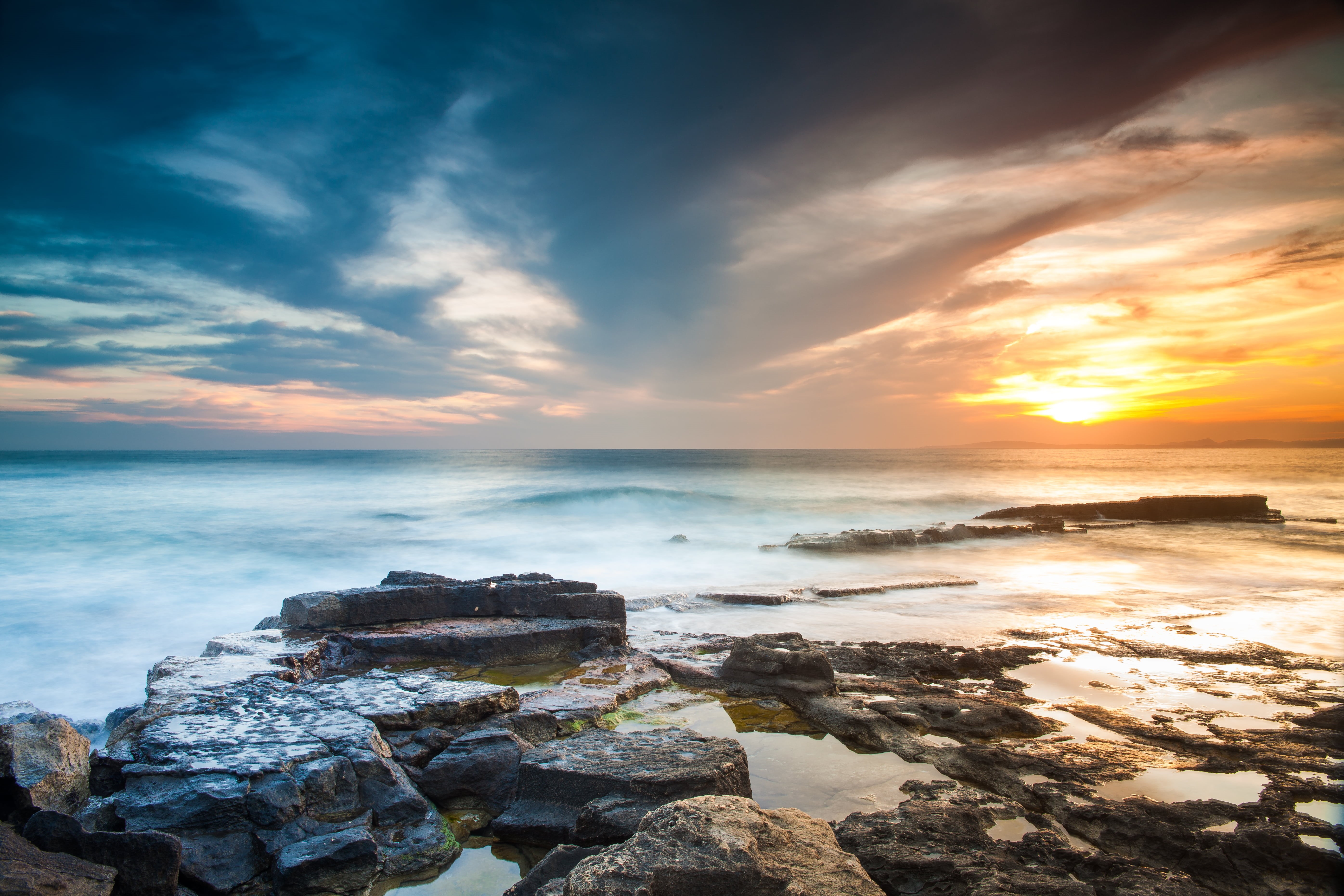 black, black rocks, Sunset, cloud - Sky, sky, dusk, Mk2, rocks, landscape, calor, Canon  5D, nature, coastline, Sigma, wave, outdoors, scenics, Frio, body, HD Wallpaper