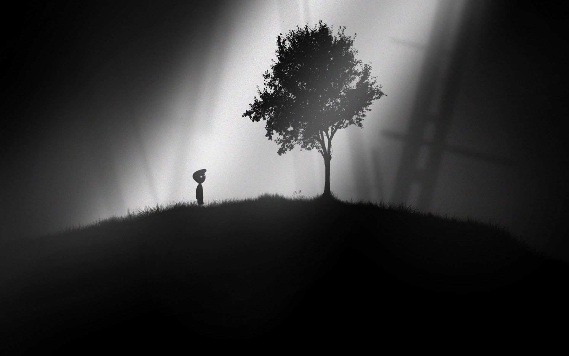 bw, hd, tree, limbo, sunlight, video games, 1080P, HD Wallpaper