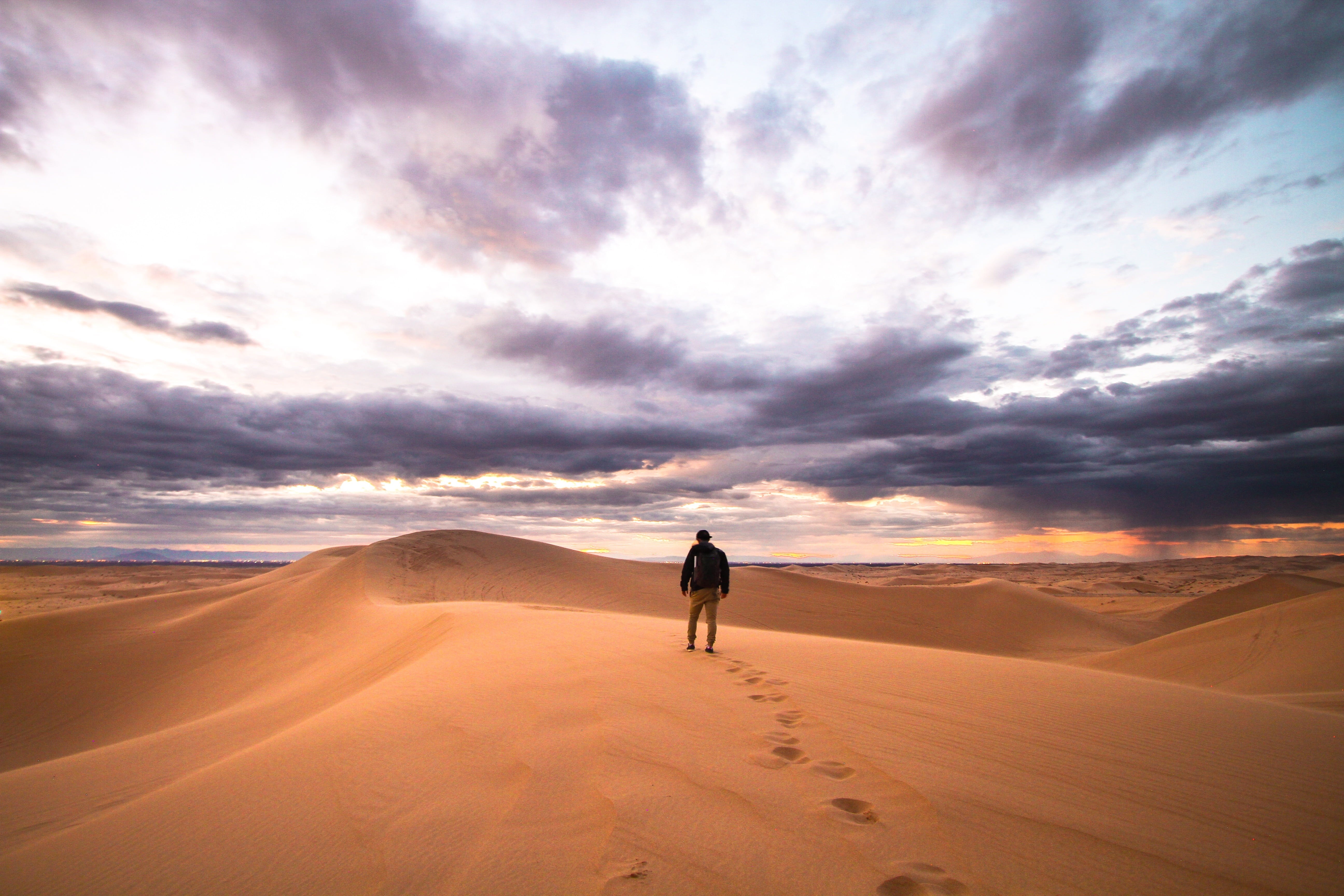adventure, sand, sunset, scenics - nature, environment, desert, land, landscape, people, outdoors, sky, nature, tranquility, clouds, footsteps, walking, HD Wallpaper