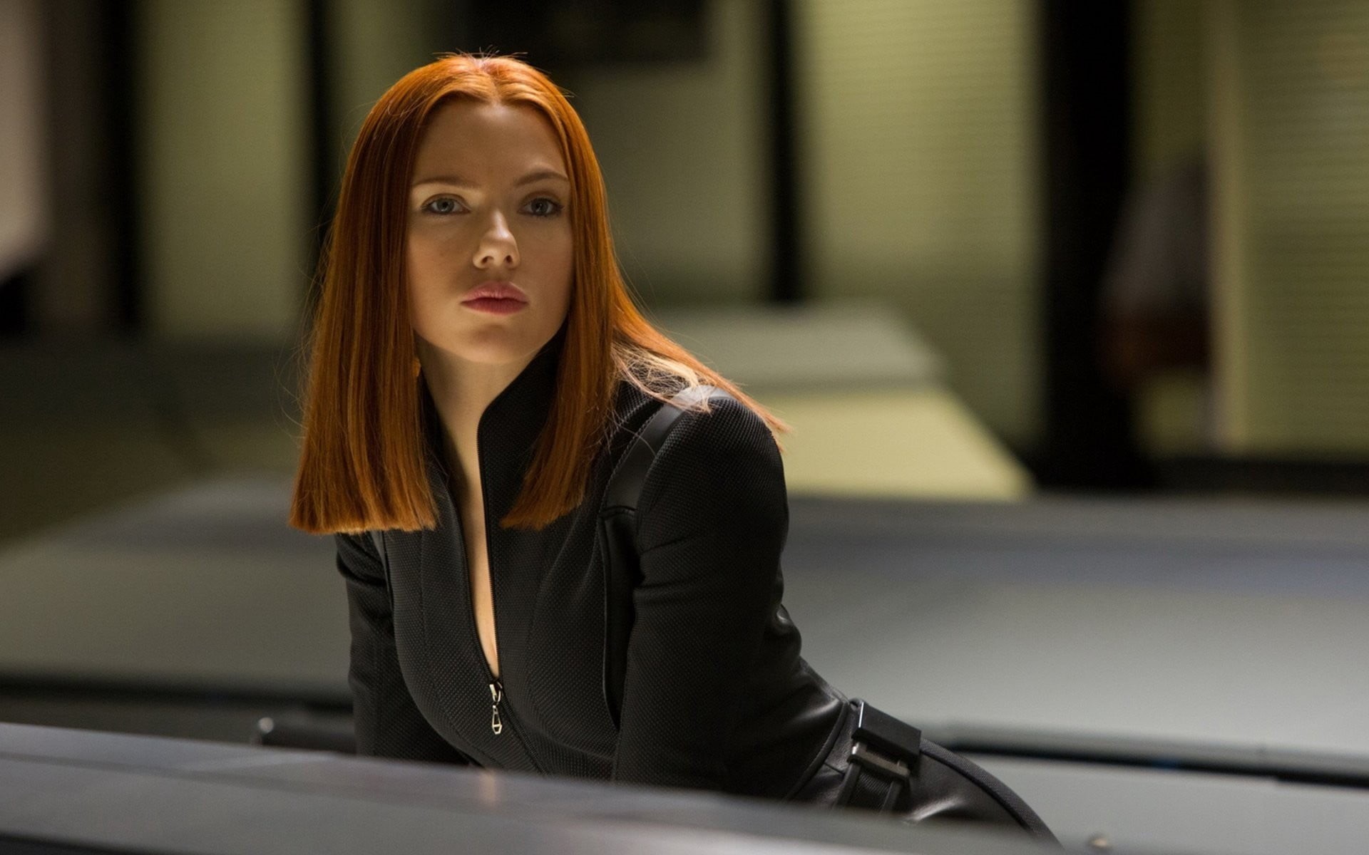 waist up, beautiful woman, Black Widow, beauty, black suit, young adult, young women, women, portrait, indoors, redhead, front view, Captain America: The Winter Soldier, HD Wallpaper