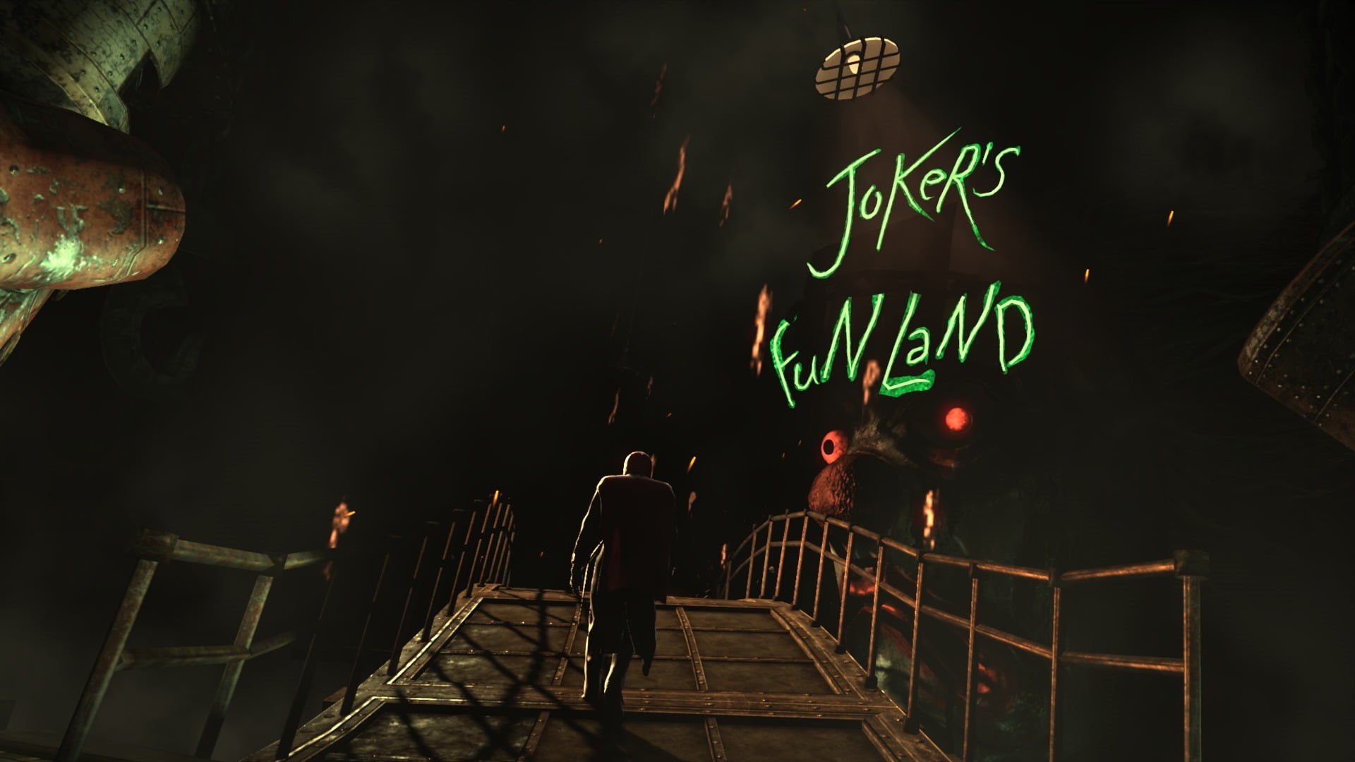 lighting equipment, western script, sign, 1080P, architecture, text, railing, outdoors, standing, joker, s, staircase, real people, night, people, HD Wallpaper