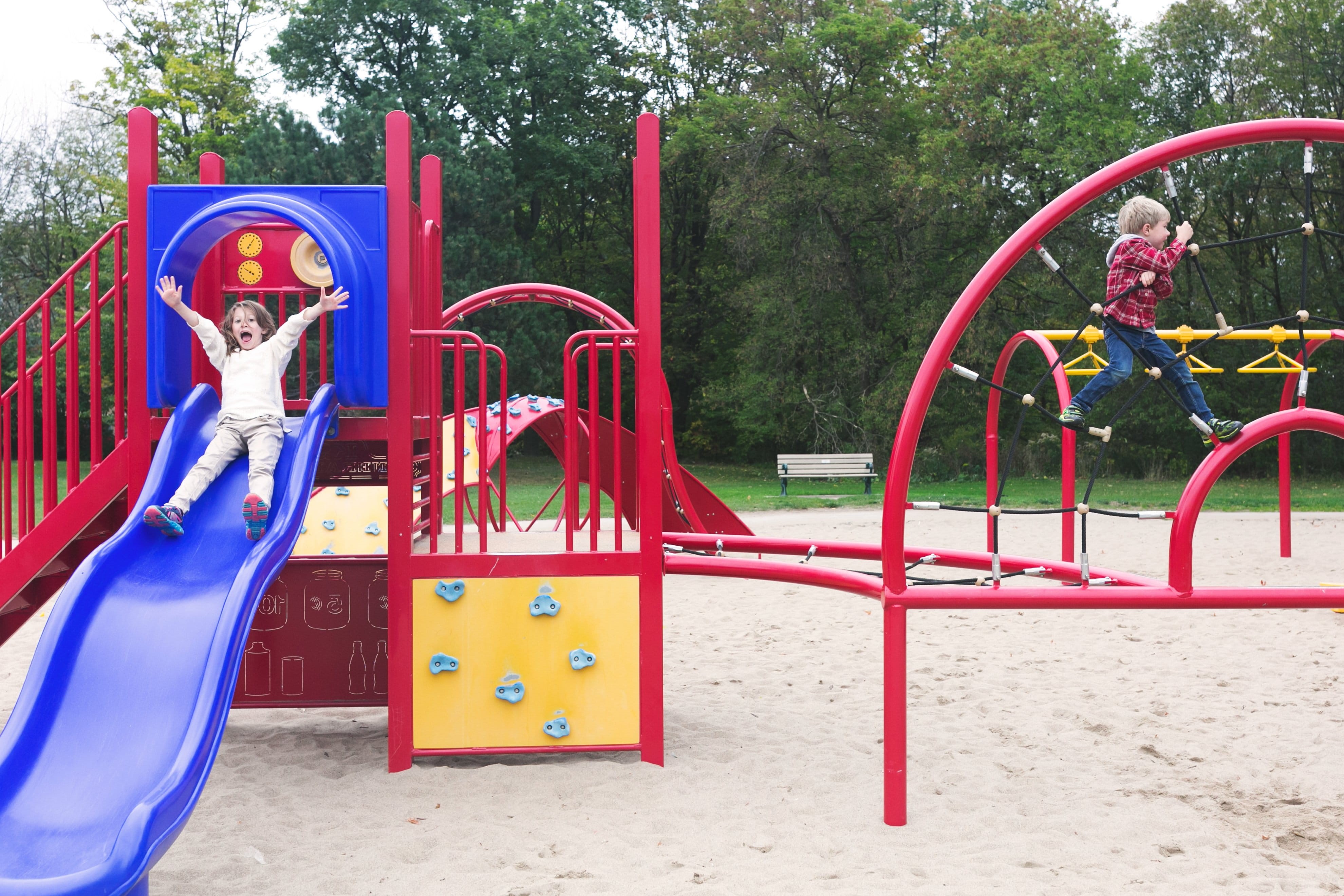 Playtime, outdoors, childhood, leisure activity, red, Children, enjoyment, kids, playing, day, Fun, outdoor play equipment, slide - play equipment, women, HD Wallpaper