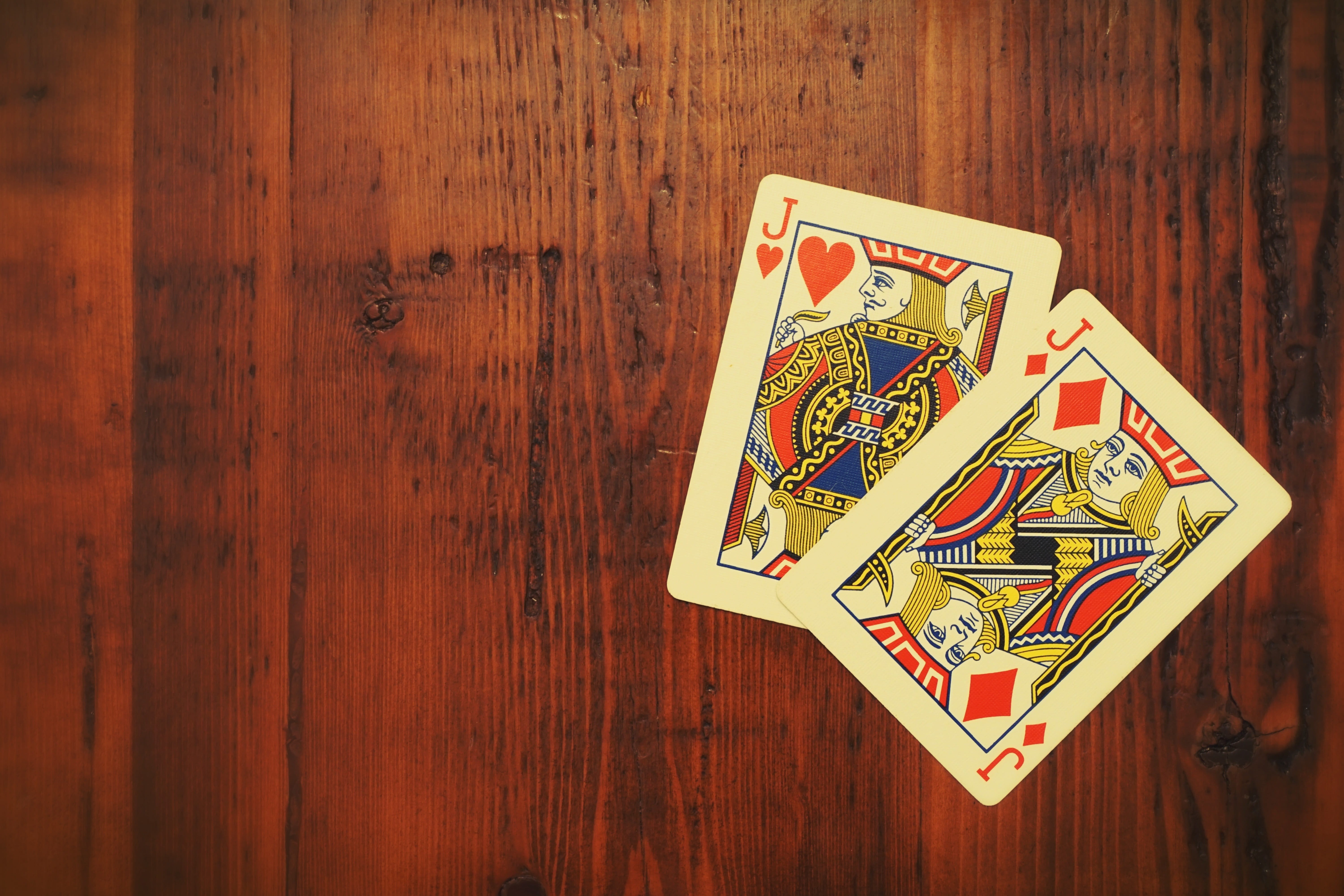 gambling, surface, table, human representation, heart, no people, brown, jacks, 5K, nostalgia, playing, label, poker, letter, paper, cards, western script, HD Wallpaper
