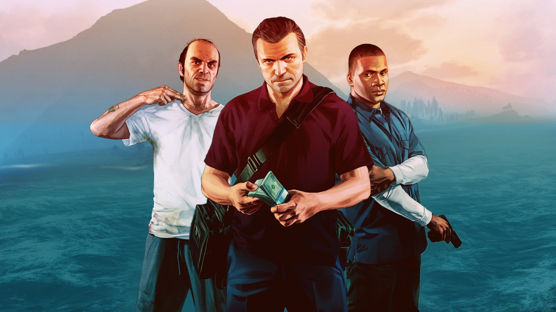 vacations, water, men, graphic, Franklin Clinton, sea, adult, two people, three quarter length, people, standing, sunlight, young men, success, males, Trevor Philips, HD Wallpaper