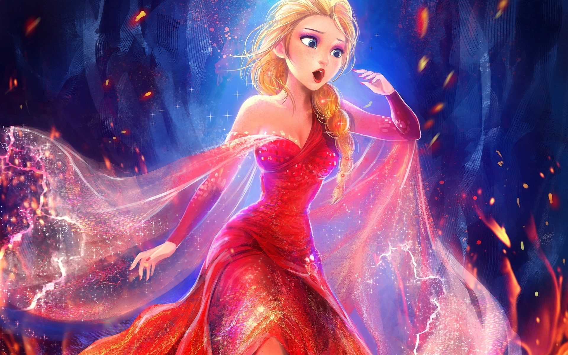 painting, Elsa, Red, Princess, Movie, Disney, Frozen, Beautiful, 1080P, Dress, HD Wallpaper