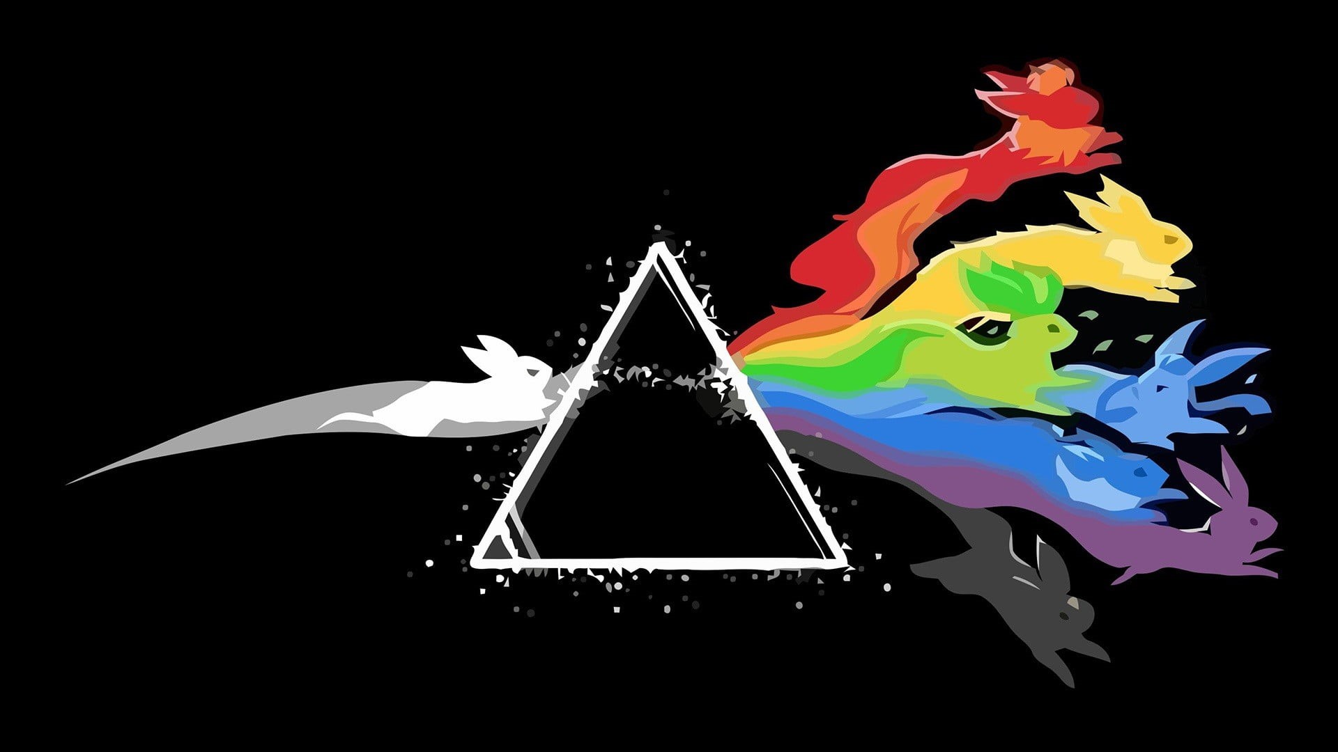 artwork, triangle, paint, black background, multicolored, Vaporeon, Eevee, digital art, indoors, water, still life, rabbit, no people, paper, Pokémon, motion, HD Wallpaper