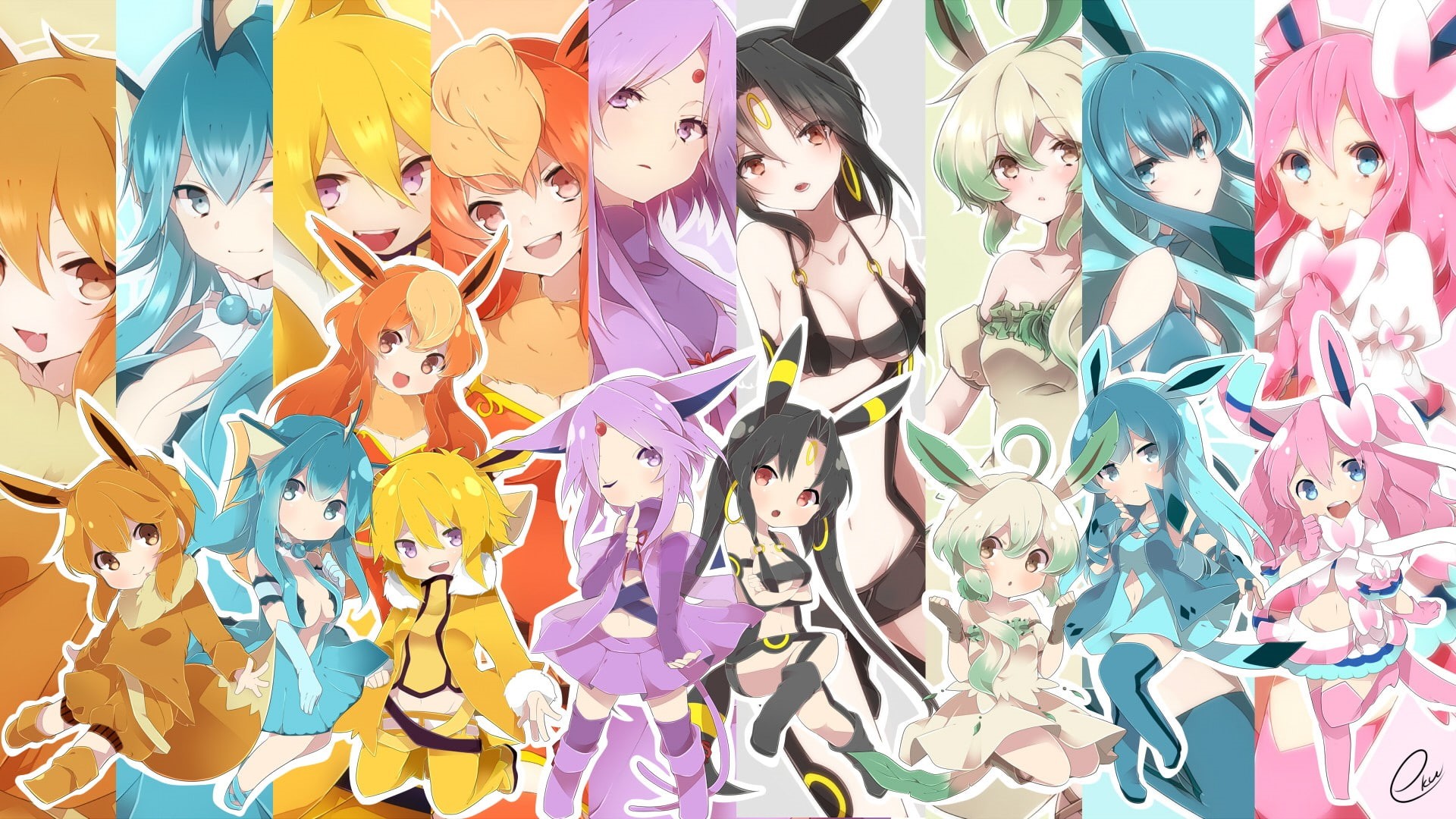 anime, pokemon, ears, sylveon, jolteon, umbreon, eevee, espeon, flareon, animal, girls, glaceon, leafeon, chibi, 1080P, HD Wallpaper
