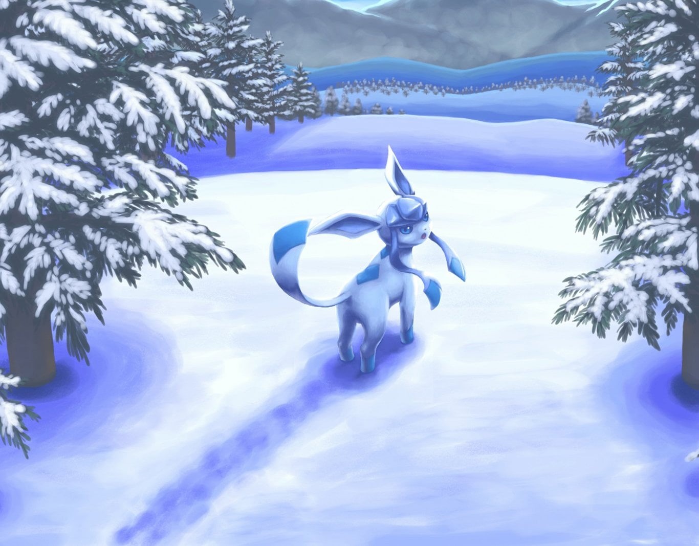 Eeveelutions, no people, digital composite, representation, human representation, 720P, sky, plant, scenics - nature, tree, cold temperature, Glaceon (Pokémon), HD Wallpaper