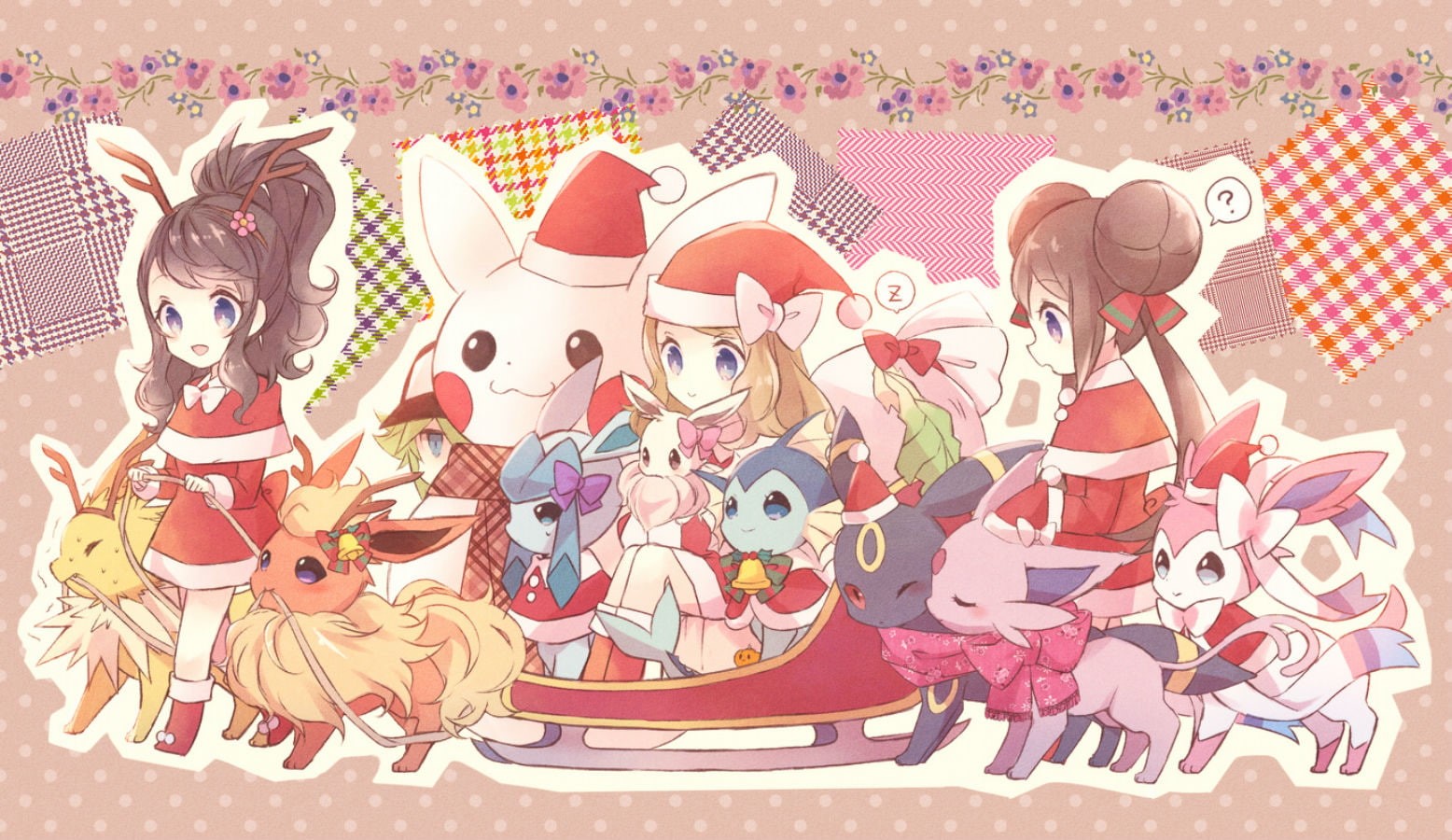 ponytail, sylveon, pikachu, bell, bow, 720P, umbreon, flareon, pokemon, flowers, eevee, hat, espeon, glaceon, christmas, jolteon, leafeon, scarf, vaporeon, HD Wallpaper