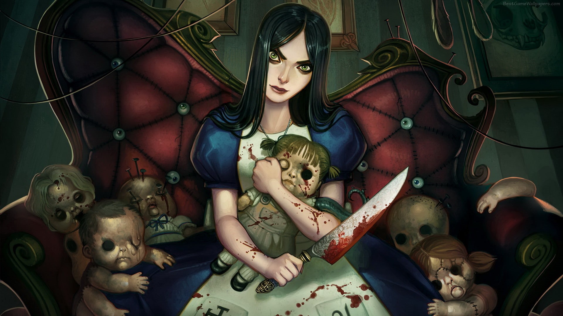 drawing, toy, returns, holding, dolls, knife, 1080P, video games, hd, plush, blood, girl, alice, madness, HD Wallpaper