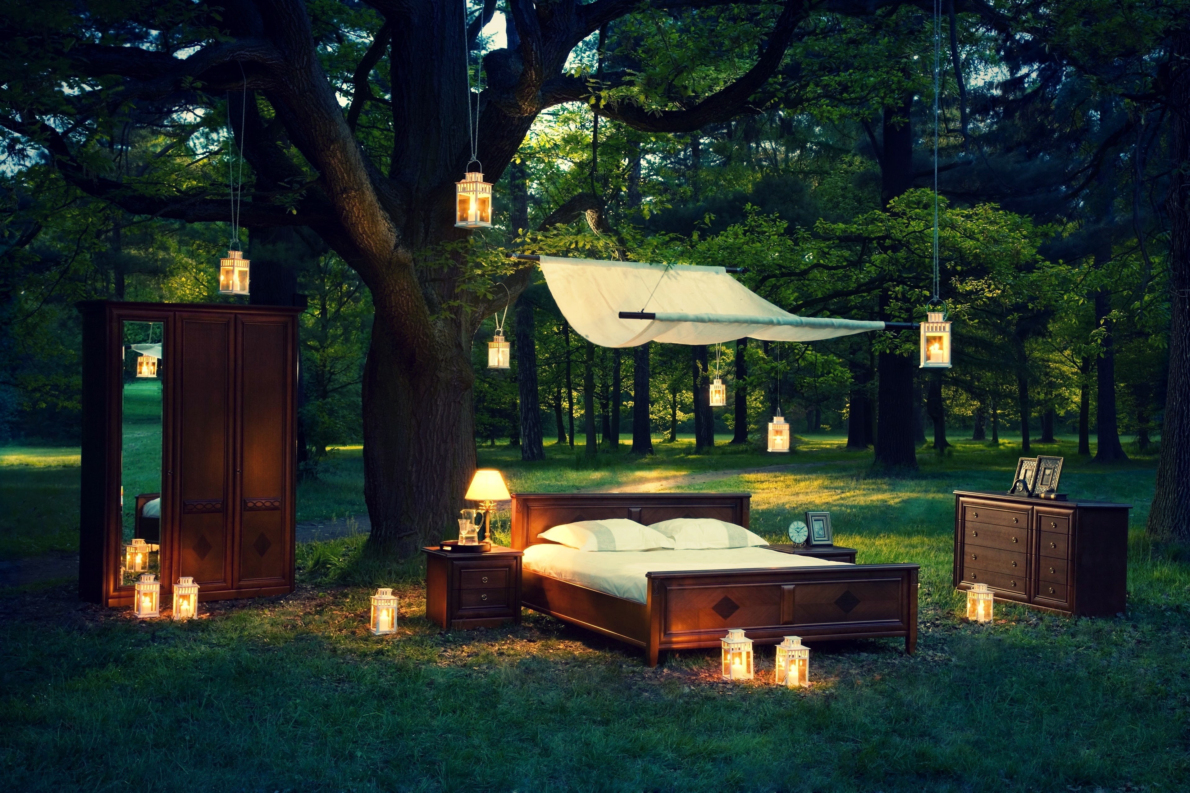 retro Styled, park, architecture, wooden, leaves, old-fashioned, lamp, 2K, day, mood, land, trunk, no People, furniture, lanterns, full screen, set, chest, HD Wallpaper