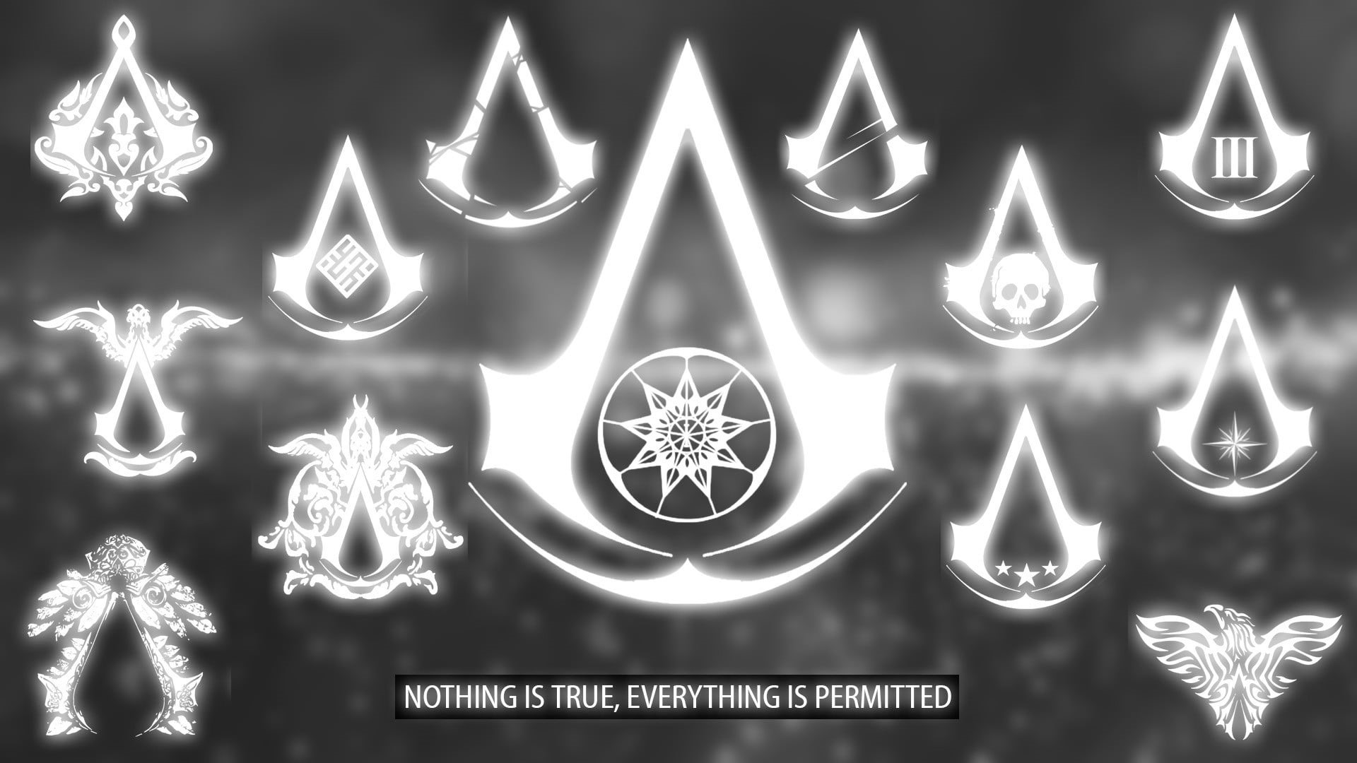 close-up, lighting equipment, bright, s, Assassins Creed, text, ornate, blue, black Color, true, design, everything, creed, night, christmas, Assassins Creed: Rogue, HD Wallpaper