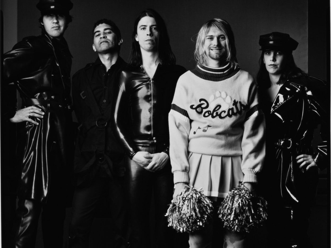 humor, crossdressing, men, arts culture and entertainment, musician, Pat Smear, indoors, grayscale, Dave Grohl, females, togetherness, cheerleaders, photo, HD Wallpaper