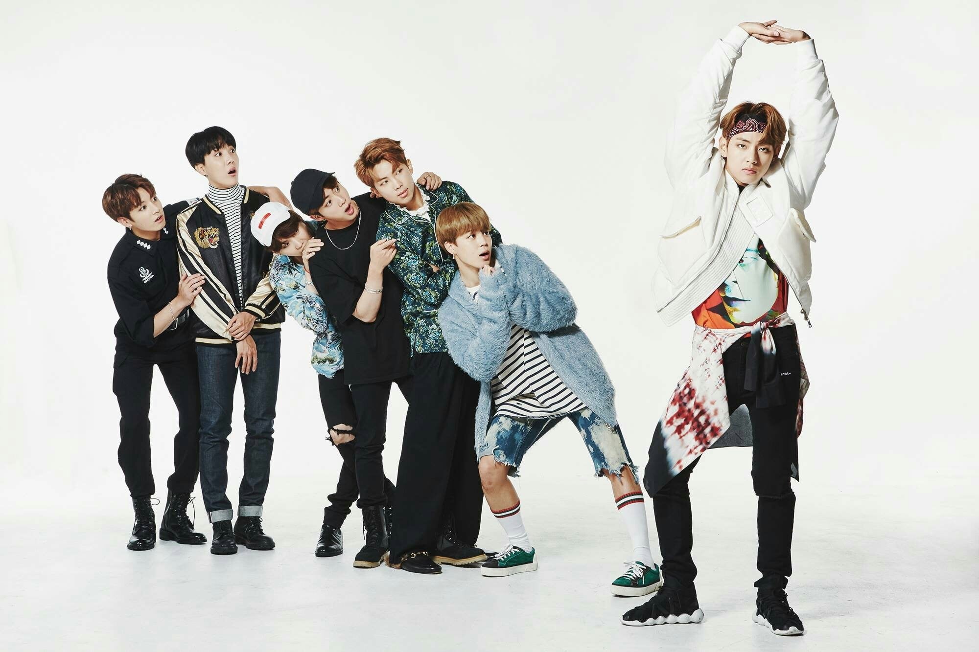 BTS, group, young women, friendship, young men, casual clothing, togetherness, Jin, 1080P, Jimin, front view, group of people, teenager, J - Hope, Suga, HD Wallpaper