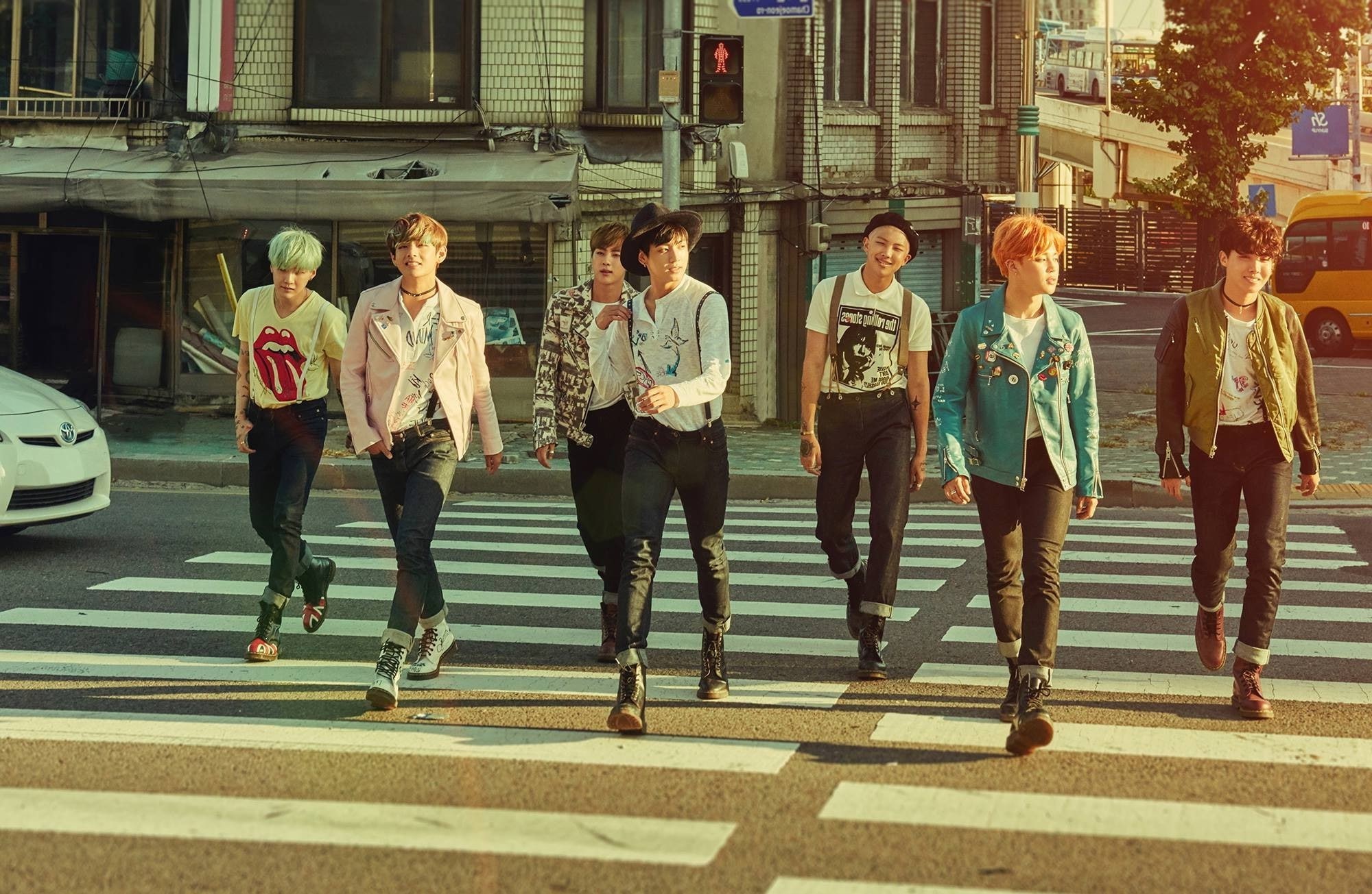 building exterior, Rap Monster, BTS, Jimin, people, transportation, full length, street, casual clothing, K pop, J Hope, real people, group of people, city life, HD Wallpaper