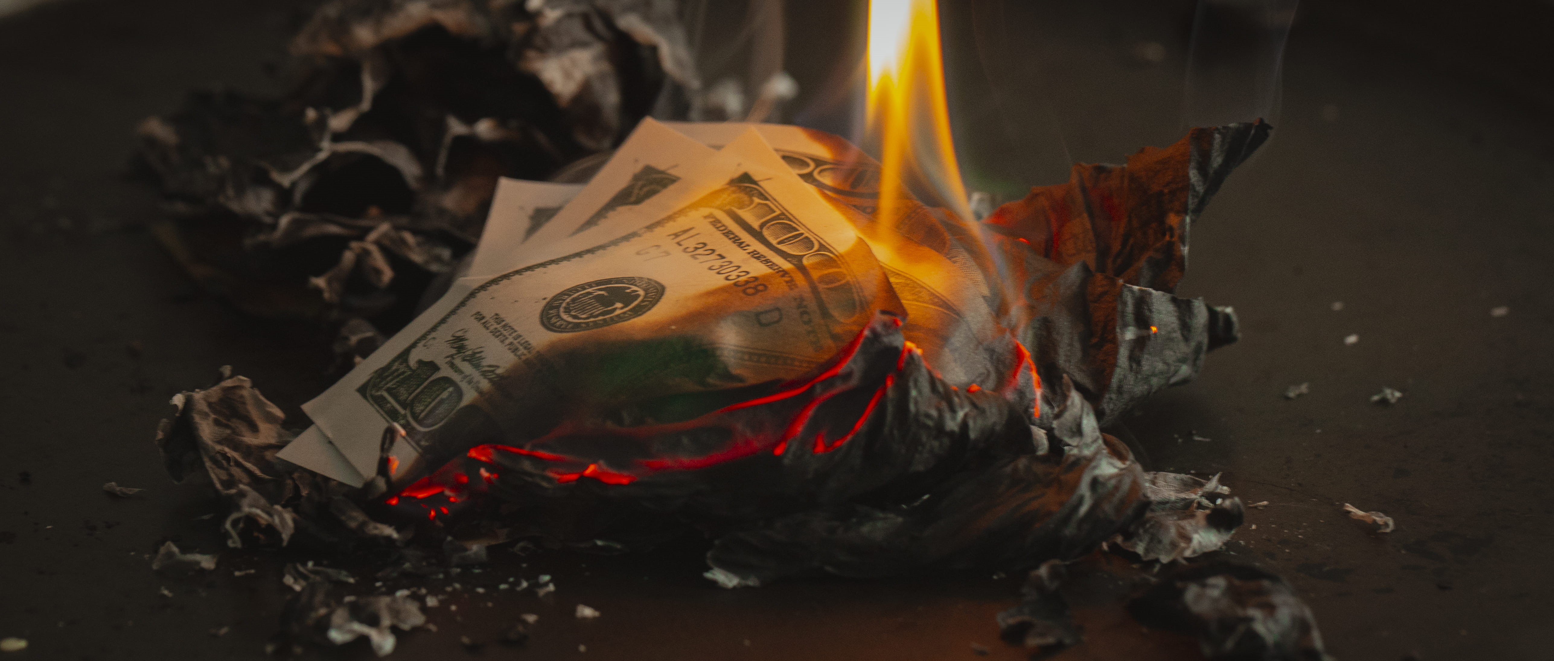 flame, usd, us dollars, nature, american dollars, burning, destruction, spirituality, bonfire, cash, burning money, close-up, startup, 5K, us bills, indoors, HD Wallpaper