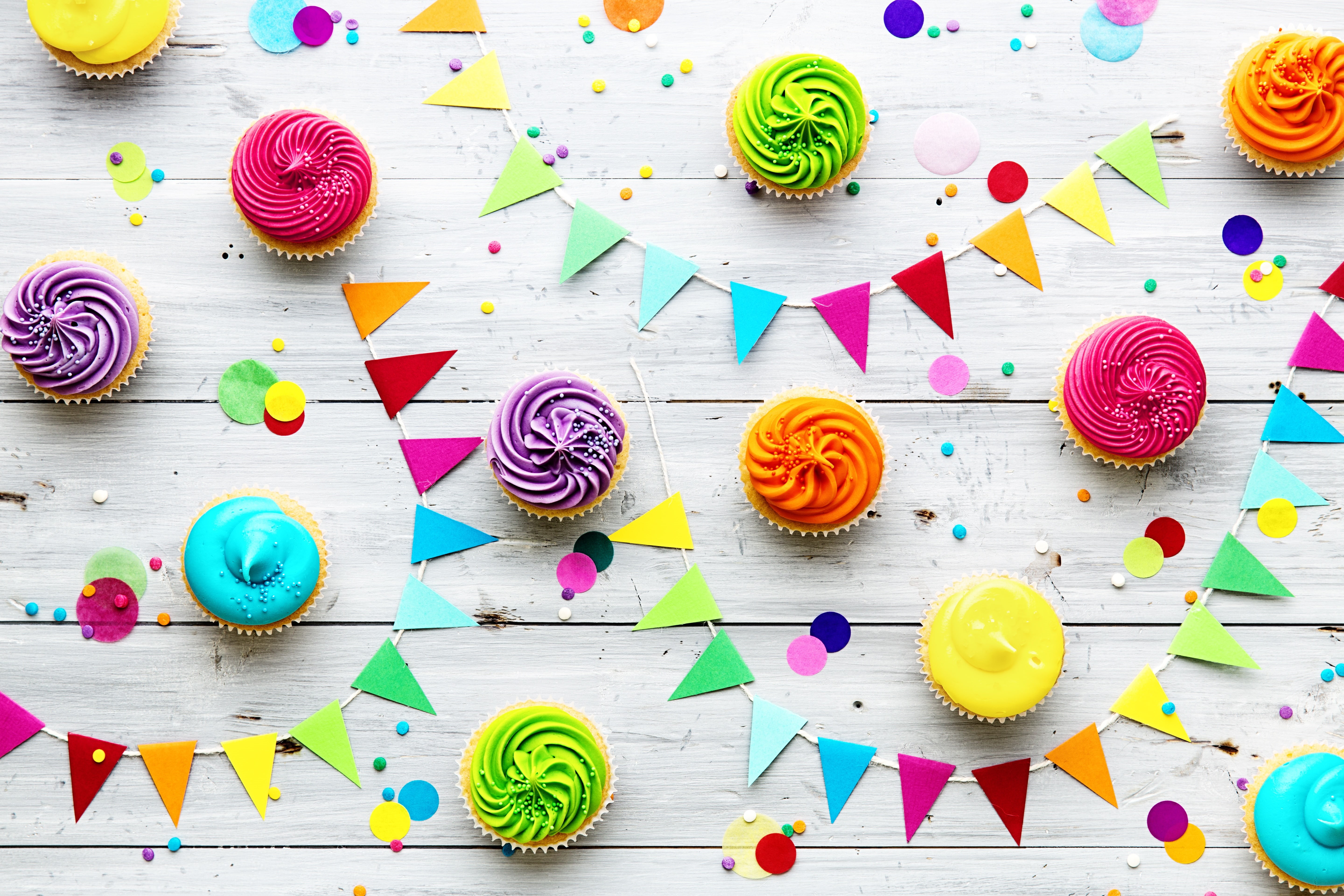 decoration, rainbow, colorful, Birthday, 5K, candles, Happy Birthday, cupcakes, cream, colours, celebration, cake, candle, cupcake, HD Wallpaper