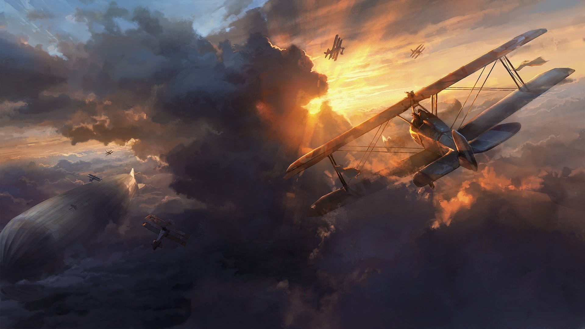 smoke - physical structure, sun, nautical vessel, sunset, transportation, mode of transportation, no people, plane, nature, flying, air vehicle, water, HD Wallpaper