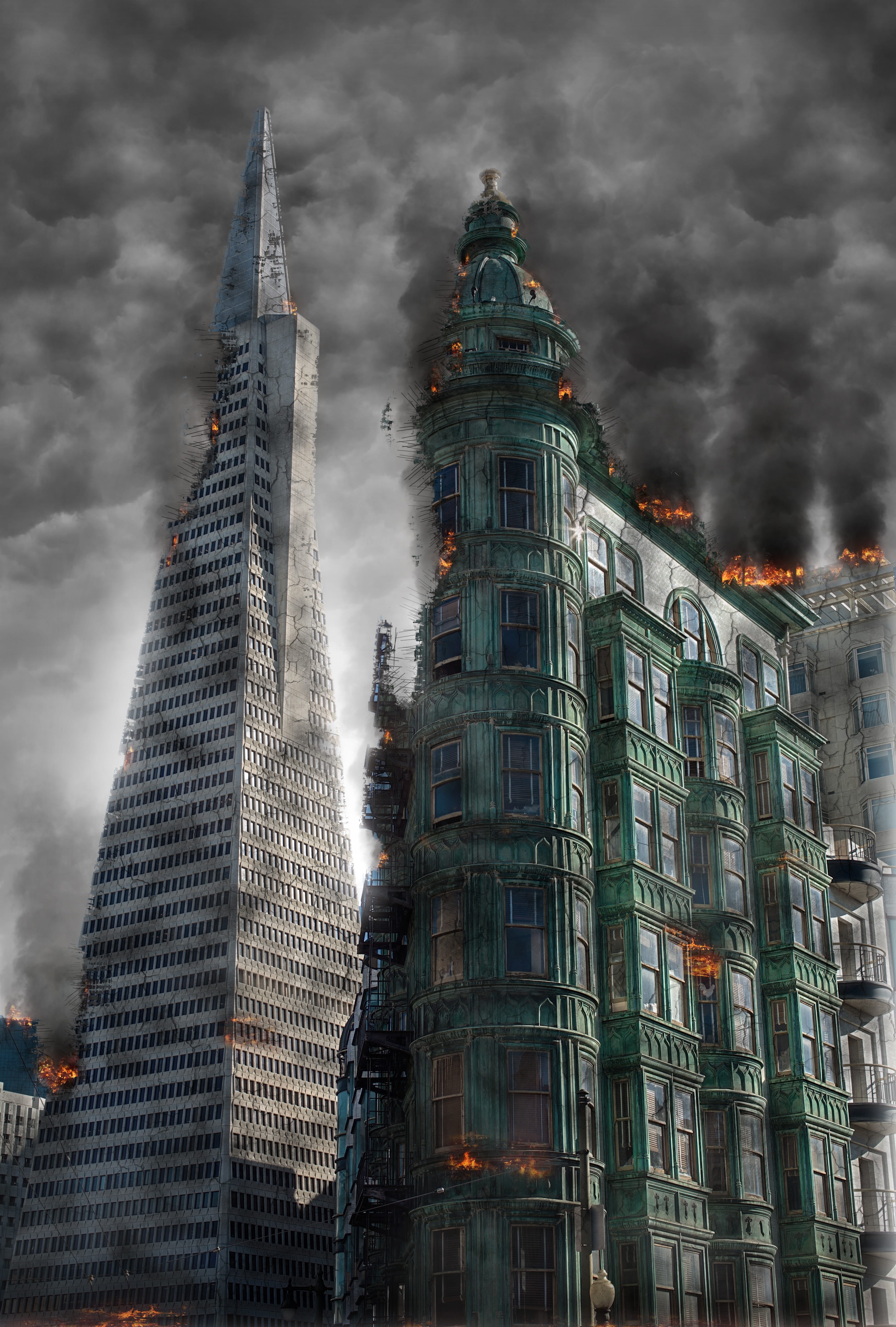 abandoned, building, building exterior, nature, tall - high, burning, nuke, danger, armageddon, doomsday, built structure, office, city, 5K, low angle view, Phone HD Wallpaper