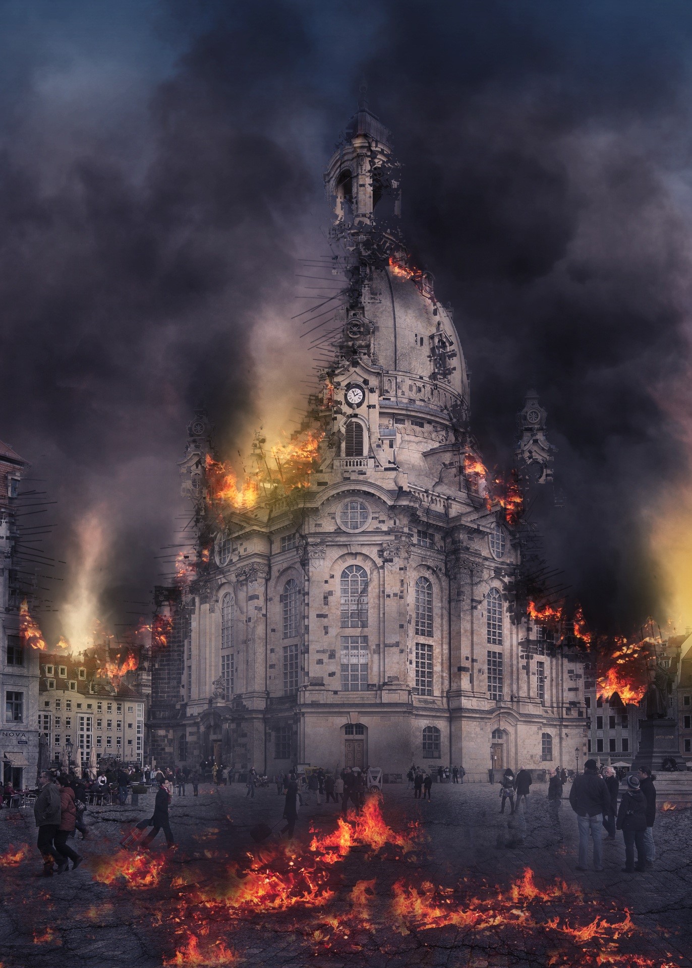 germany, destruction, saxony, building, place of worship, beige, belief, old town, smoke - physical structure, concrete, apocalypse, church, flame, frauenkirche, Phone HD Wallpaper