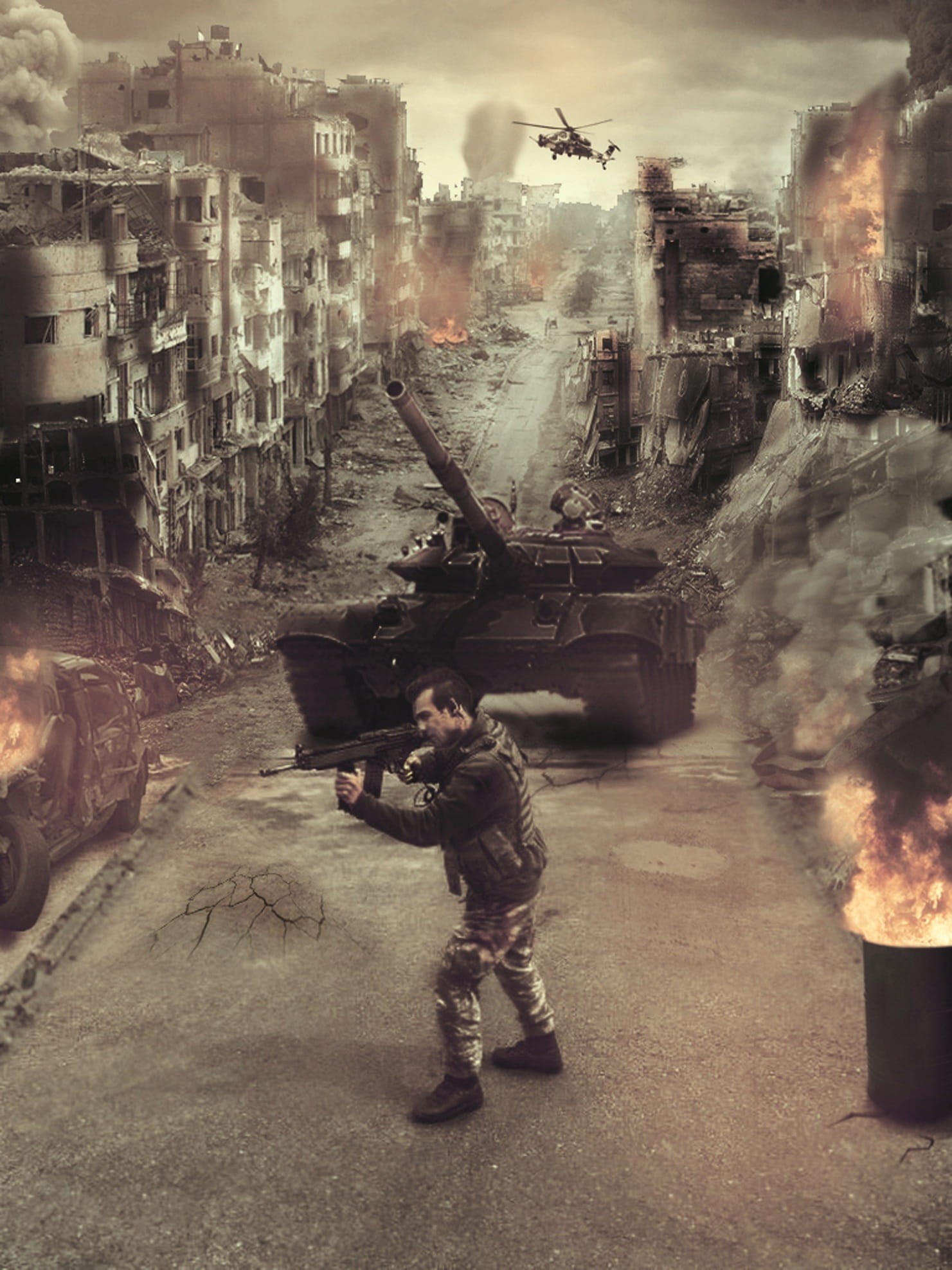 photoshop, armed Forces, war, city, nature, military, smoke - Physical Structure, adult, editing, art design, transportation, manipulation, full length, Phone HD Wallpaper