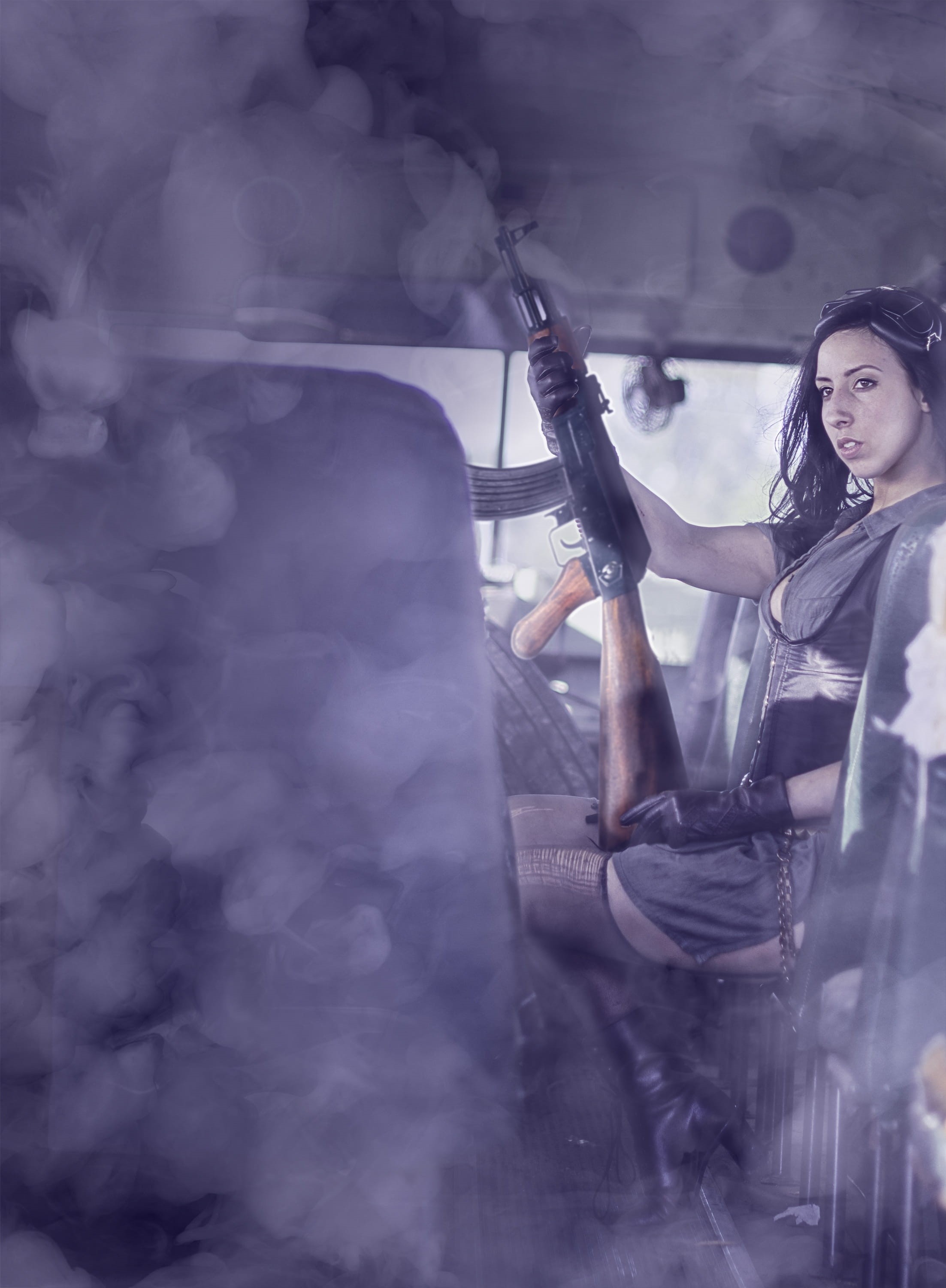Bus, heat - Temperature, real people, smoke - Physical Structure, assault, beauty, portrait, apocalypse, young women, women, looking at camera, girl, inside, Phone HD Wallpaper