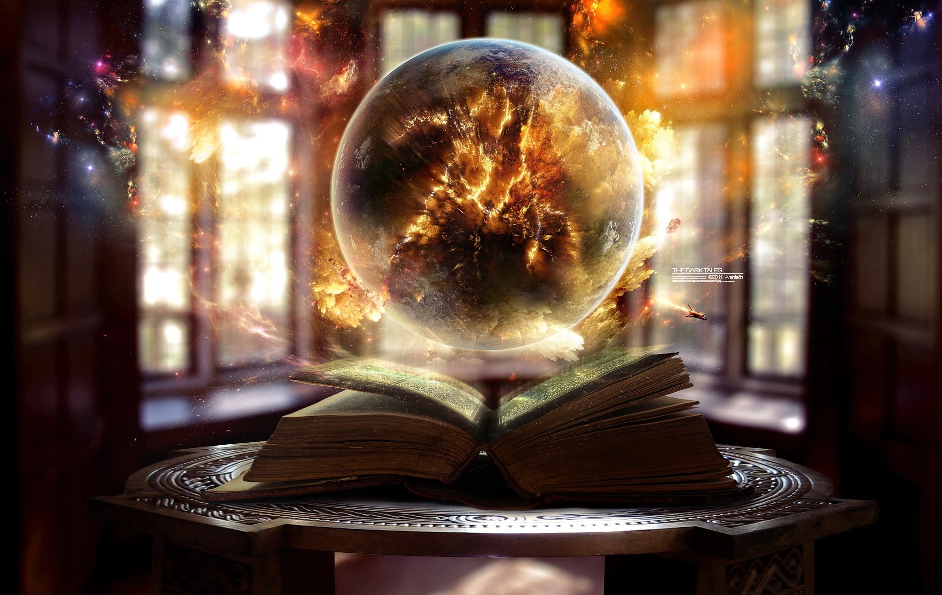 digital composite, fantasy art, human representation, close-up, illuminated, books, glass - material, night, indoors, flame, circle, window, magic, shape, HD Wallpaper