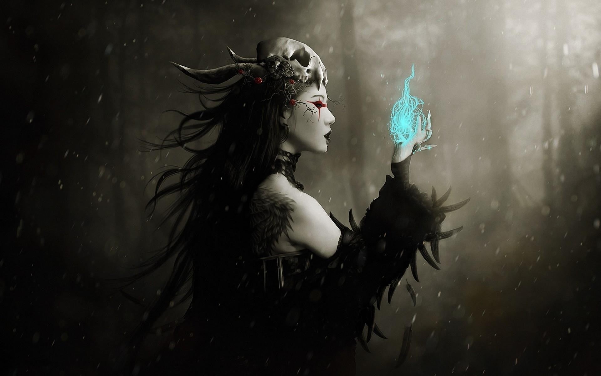beautiful woman, hairstyle, flames, young women, one person, disguise, adult, skull, mask, side view, hair, dark fantasy, magic, fashion, indoors, HD Wallpaper