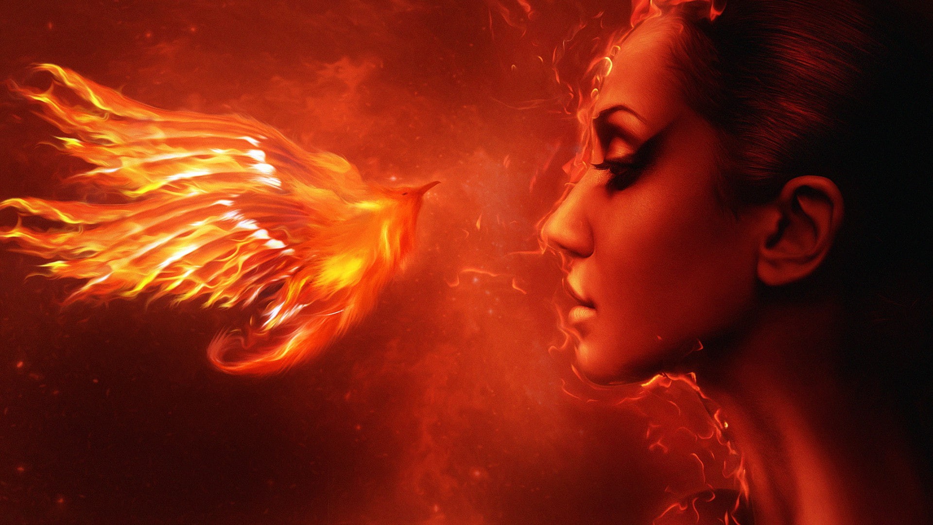 the phoenix, 1080P, Bird, the flame, phoenix, girl, HD Wallpaper