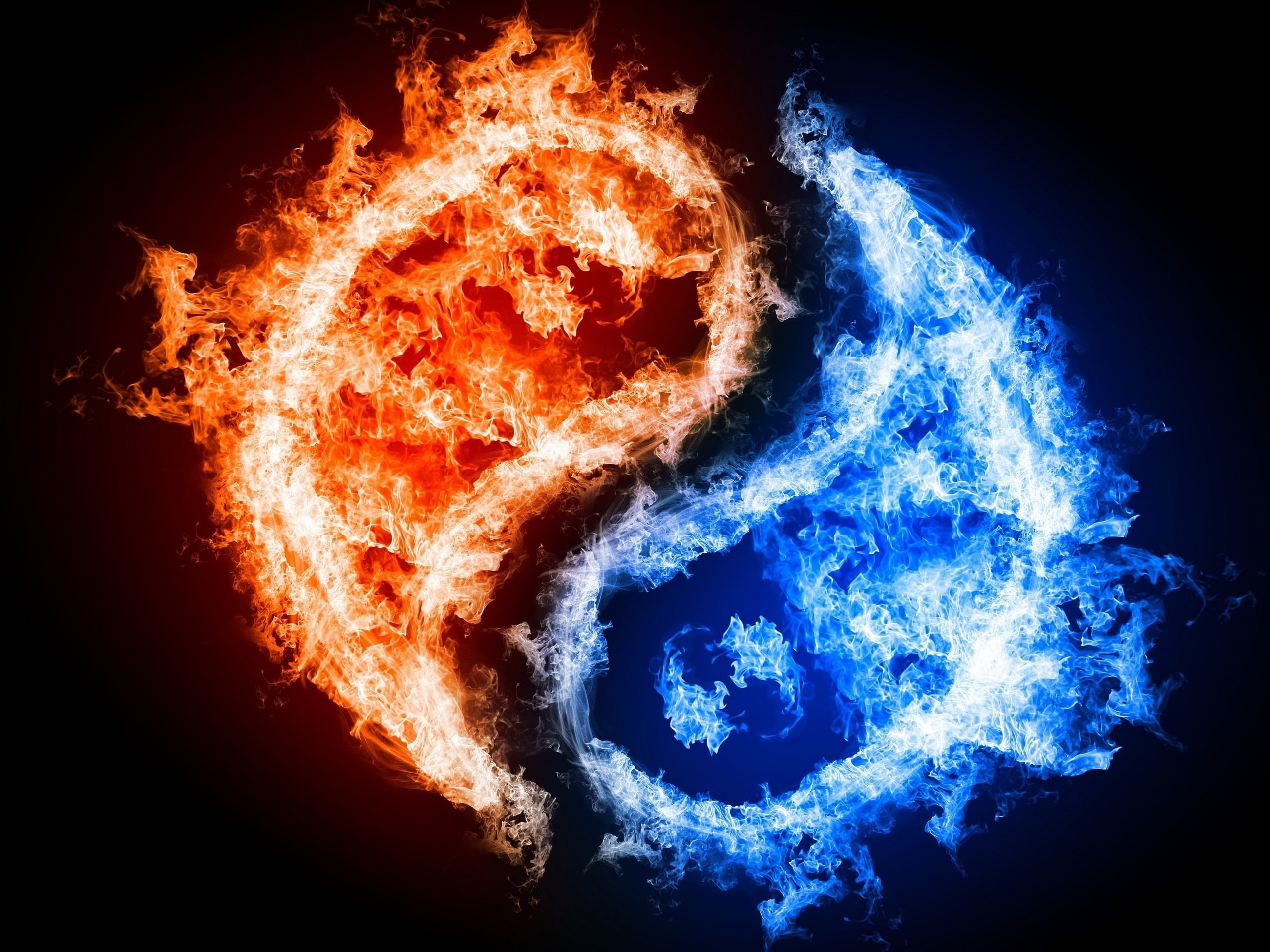 flames, Red, Blue, tai, chi, Graphic, Flame, 2K, HD Wallpaper