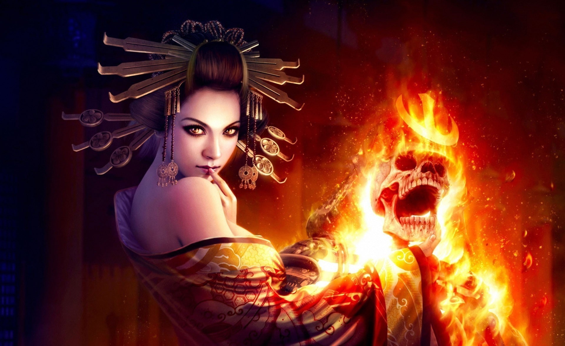 burning, fire, woman, fantasy, 1080P, skull, HD Wallpaper