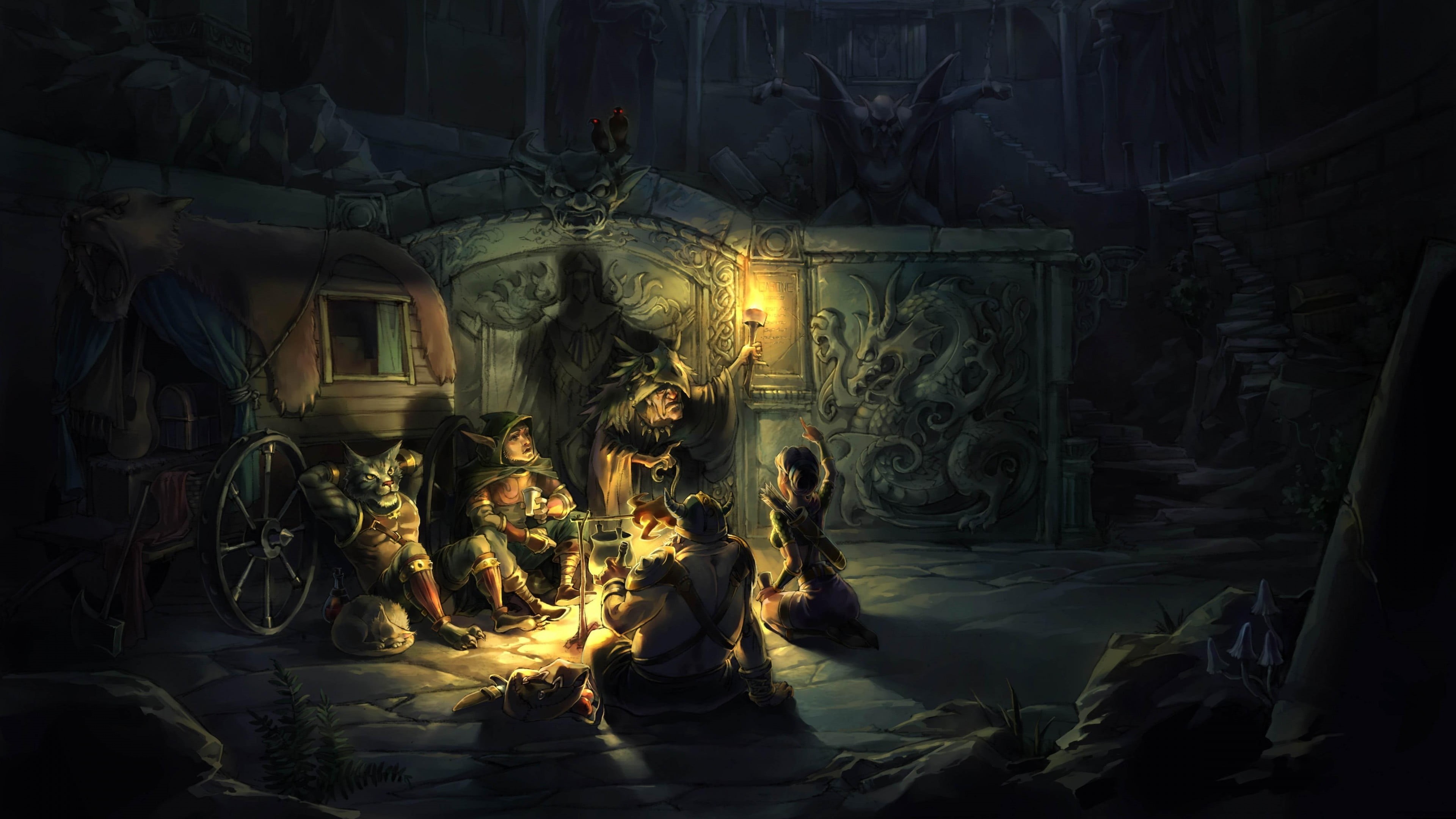illuminated, creativity, art and craft, built structure, fantasy art, diigital, group of people, bonfire, place of worship, building, nature, craft, HD Wallpaper