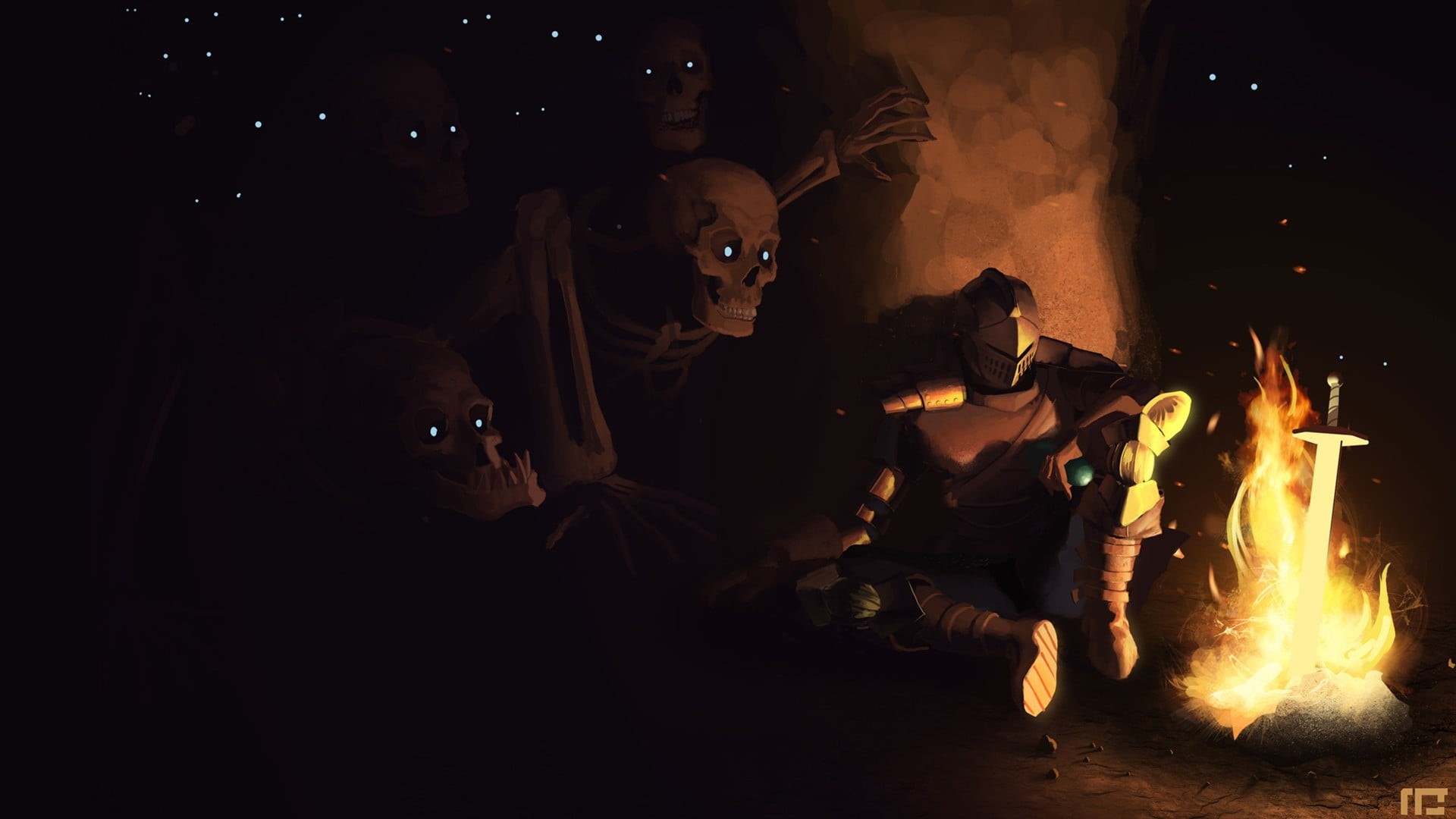 burning, nature, campfire, group of people, illuminated, skeletons, glowing, lifestyles, heat - temperature, women, Dark Souls, indoors, knight, digital, HD Wallpaper