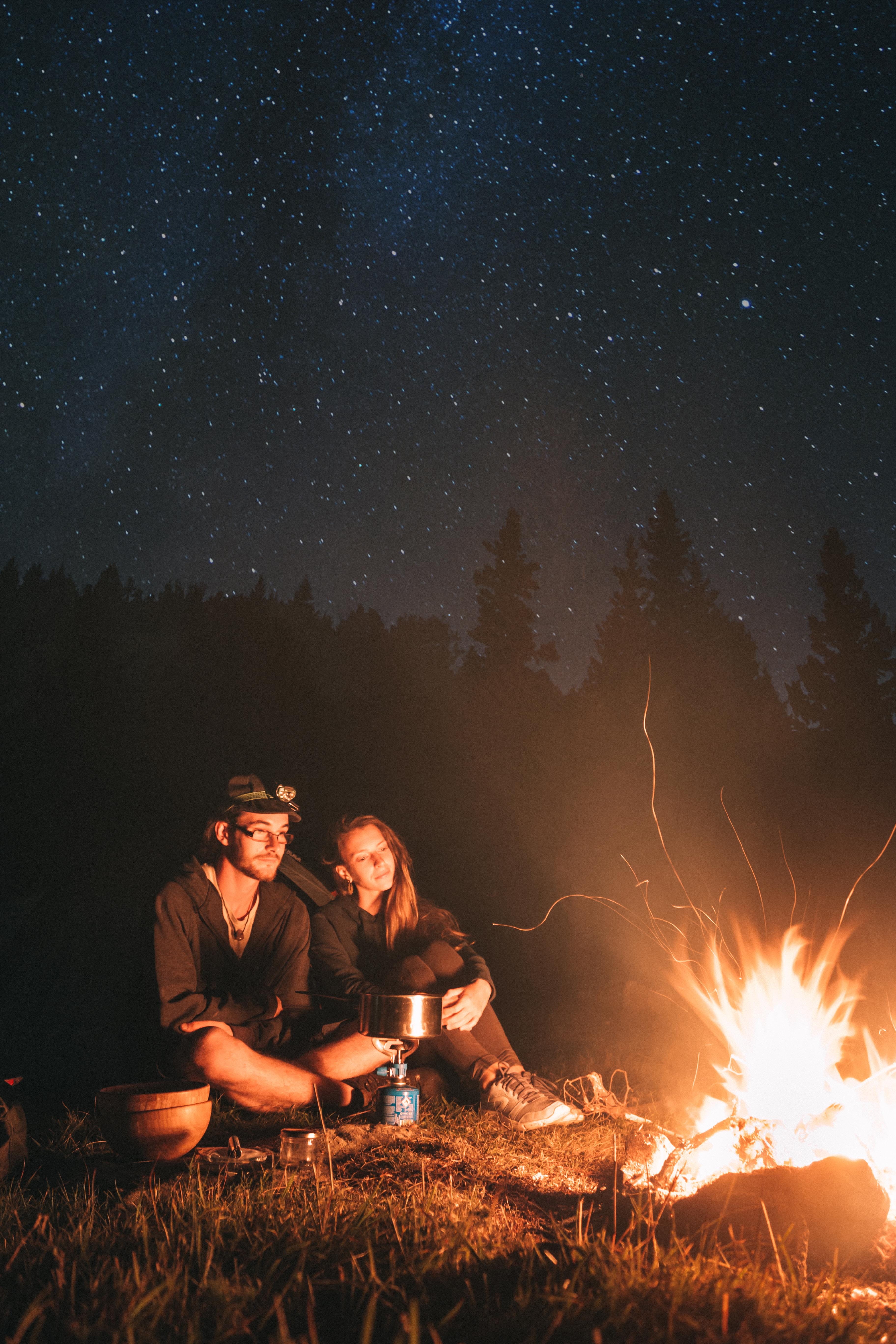 nature, enjoyment, males, women, young Adult, bivouac, sitting, hike, pot, mountain, travel, cheerful, relaxation, people, sunset, dark, flame, star - Space, Phone HD Wallpaper