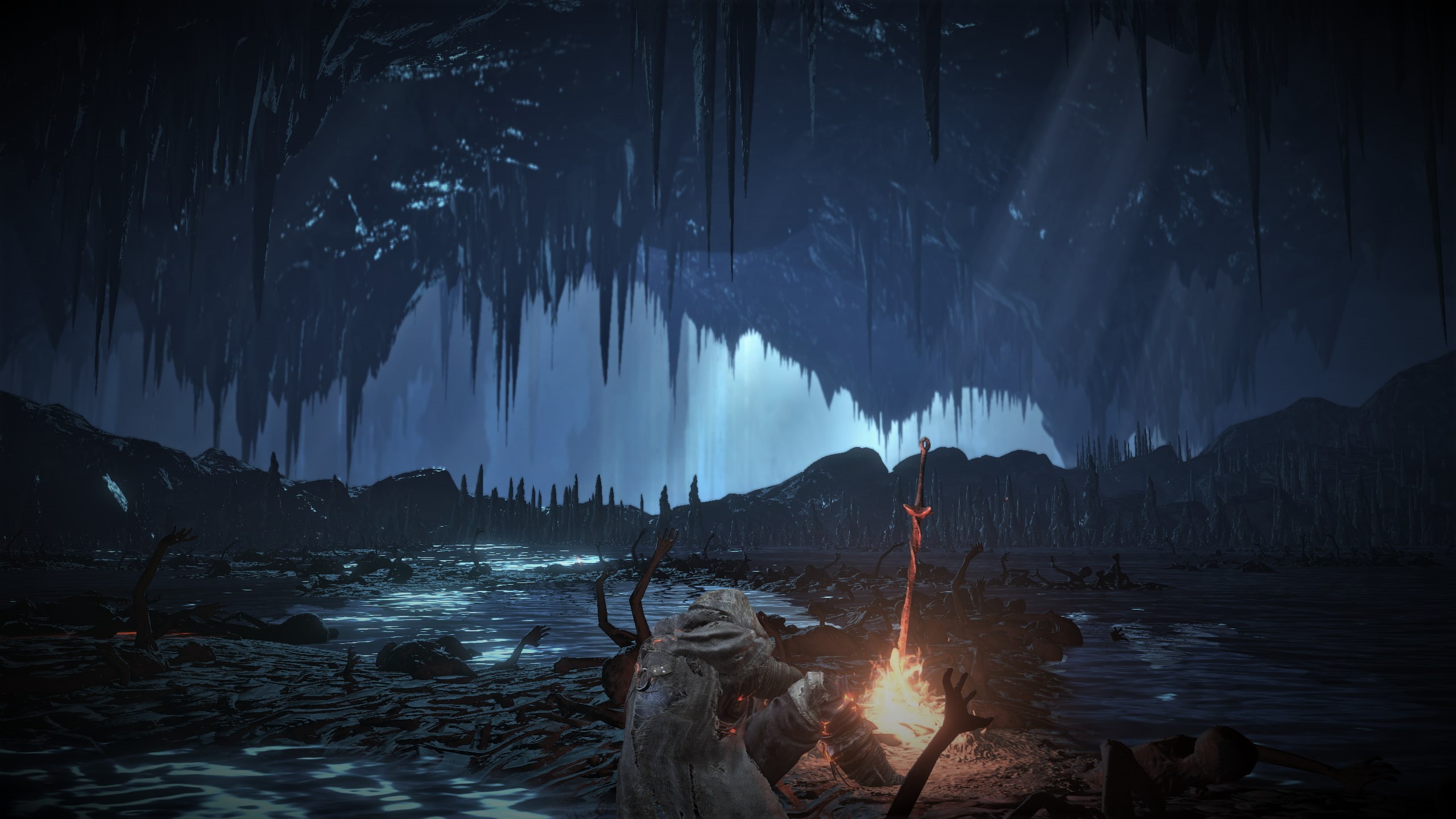 land, illuminated, nature, Dark Souls III, video games, campfire, real people, motion, fire - natural phenomenon, bonfire, long exposure, leisure activity, HD Wallpaper