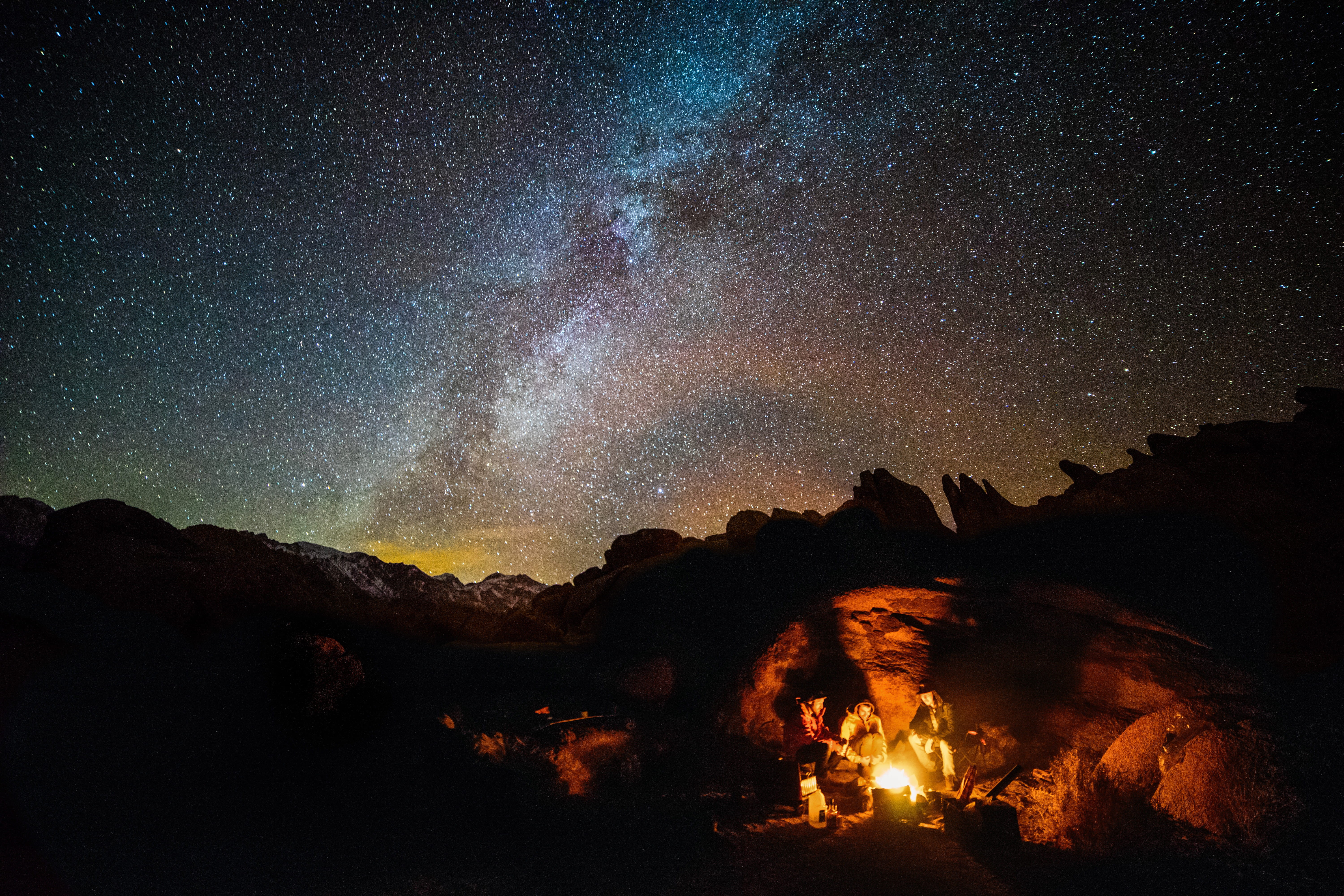 environment, galaxy, astrophotography, tranquil scene, space, beauty in nature, star, Wild West, milky Way, astronomy, burning, campfire, sky, night, fire, HD Wallpaper