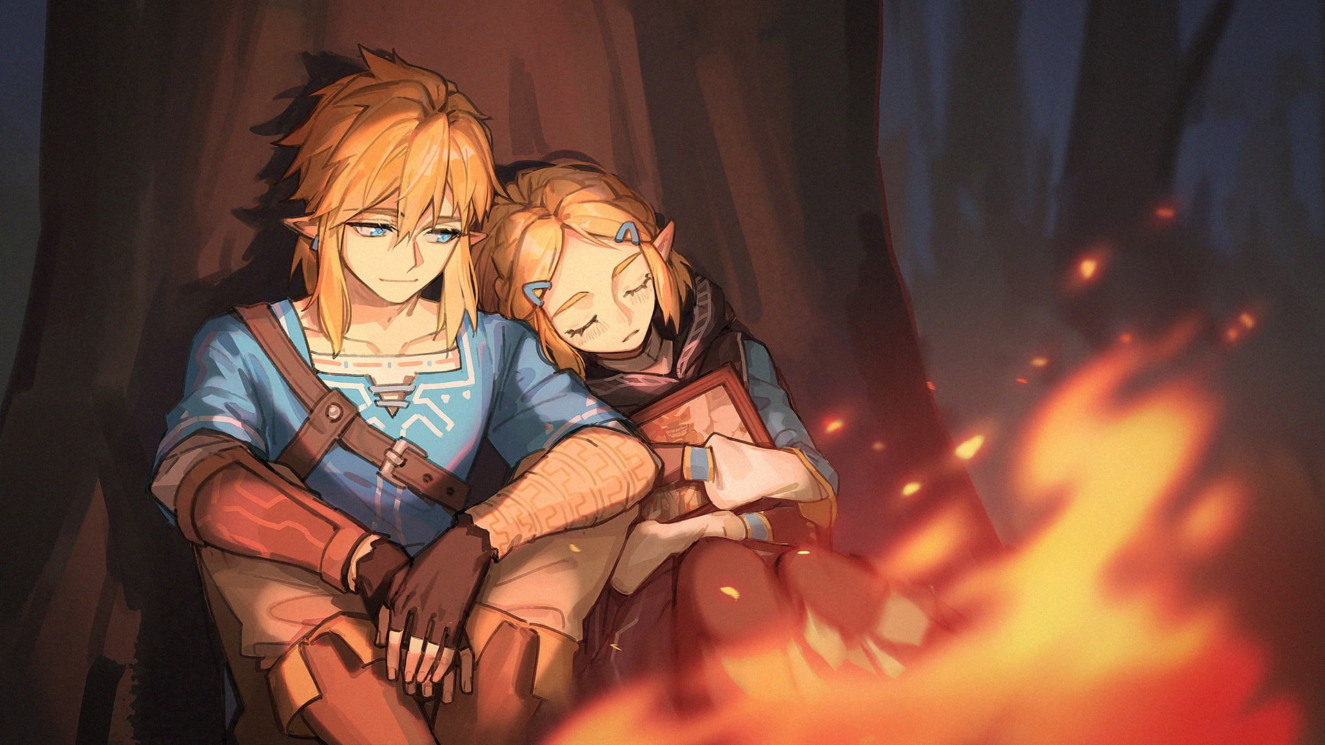 The Legend of Zelda, bonfires, Princess Zelda, fire, video game art, 1080P, blonde, trees, Link, artwork, HD Wallpaper