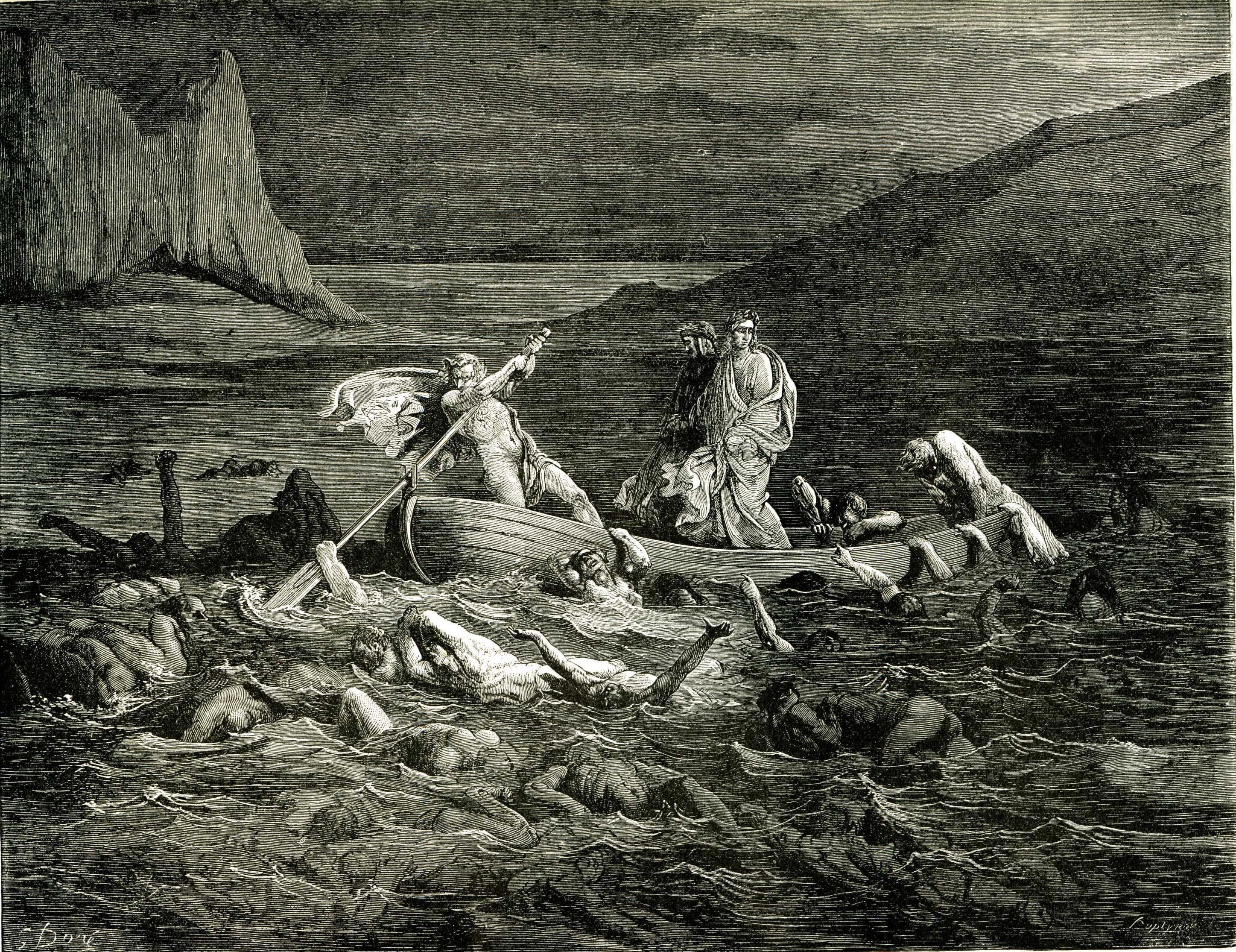 water, land, real people, group of people, 2K, canoe, Dantes Inferno, classic art, painting, wood - material, outdoors, man, day, people, Dante Alighieri, HD Wallpaper