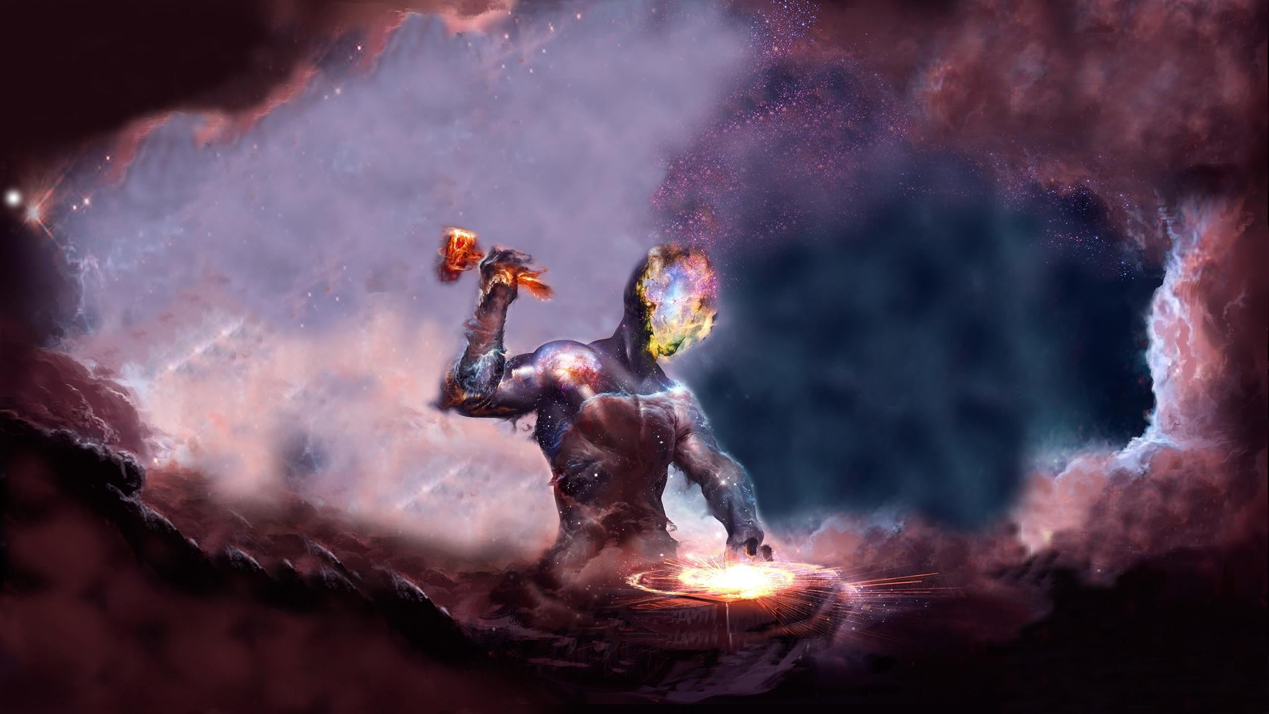 bonfire, male, 2K, galaxy, illuminated, outdoors, universe, hammer, campfire, sky, artwork, firewood, belief, night, wood - Material, arts culture and entertainment, HD Wallpaper