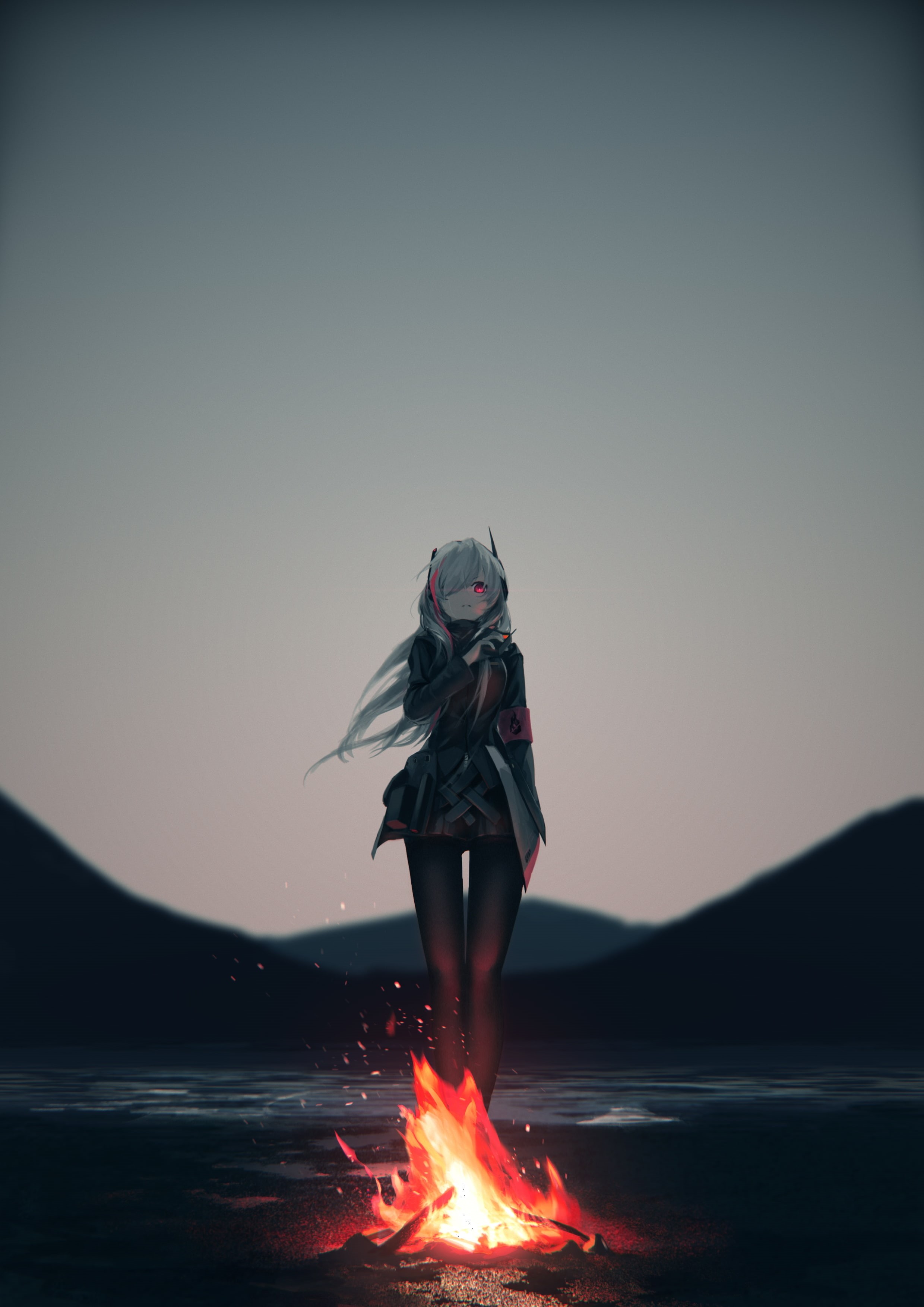 copy space, long hair, clear sky, Anime, water, human arm, heat - temperature, sky, women, campfire, real people, casual clothing, leisure activity, standing, Phone HD Wallpaper