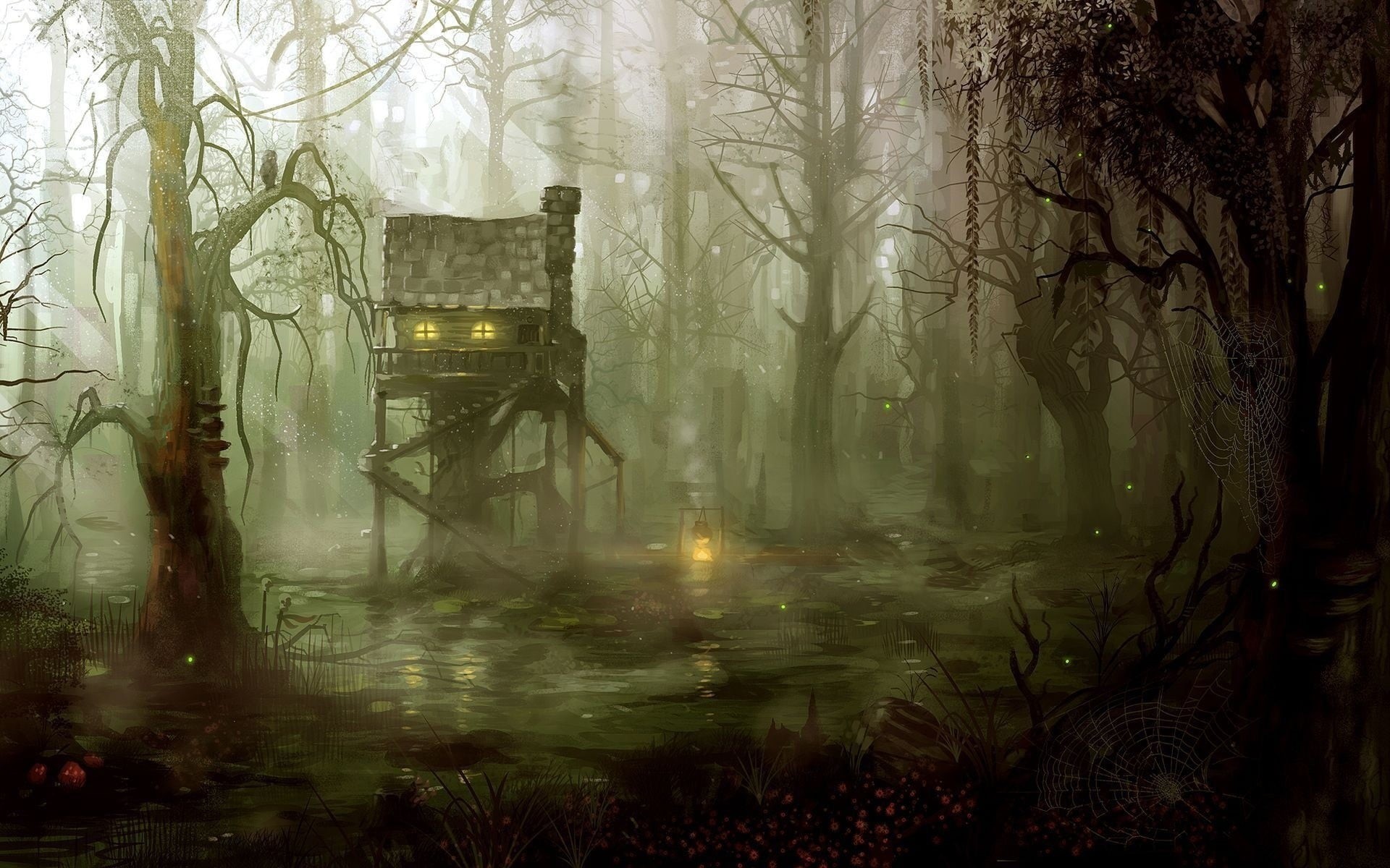 non-urban scene, tree, fog, growth, brown, campfire, day, plant, witch, trunk, outdoors, tree trunk, bare, land, cabin, swamp, tranquil scene, tranquility, HD Wallpaper