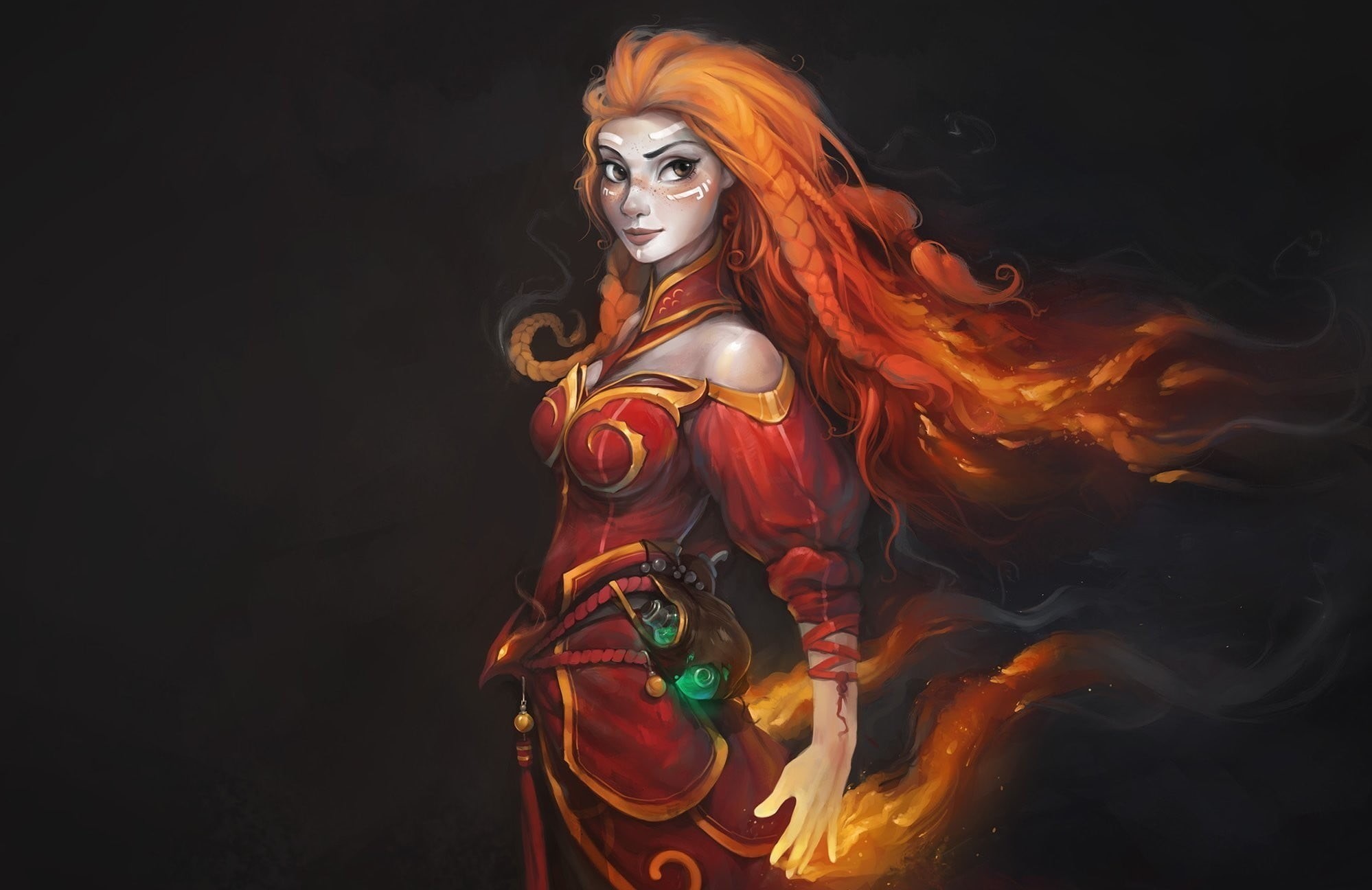 video games, art and craft, looking at camera, hair, nature, portrait, hairstyle, burning, Lina, indoors, fantasy girl, Dota 2, studio shot, redhead, young adult, HD Wallpaper