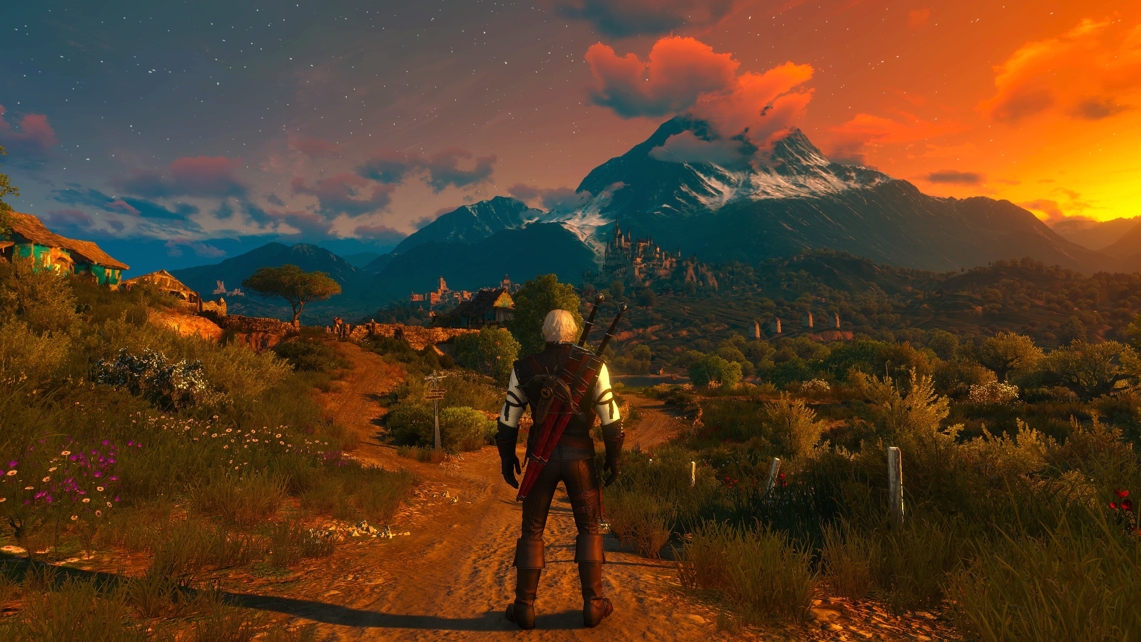 men, sky, tree, tranquil scene, Geralt of Rivia, sunset, plant, standing, cloud - sky, mountain, leisure activity, The Witcher, real people, tranquility, HD Wallpaper