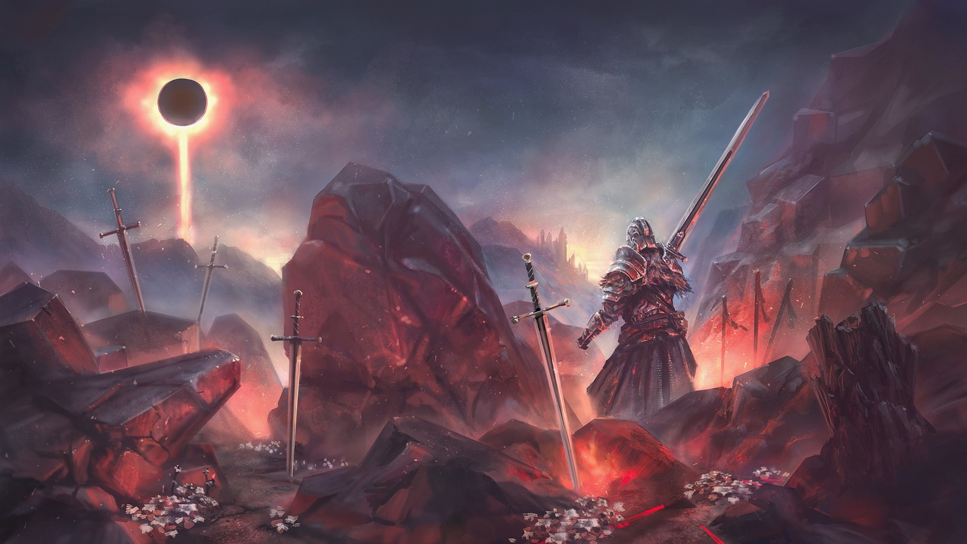 1080P, Dark Souls III, sword, sky, artwork, knight, fantasy art, HD Wallpaper