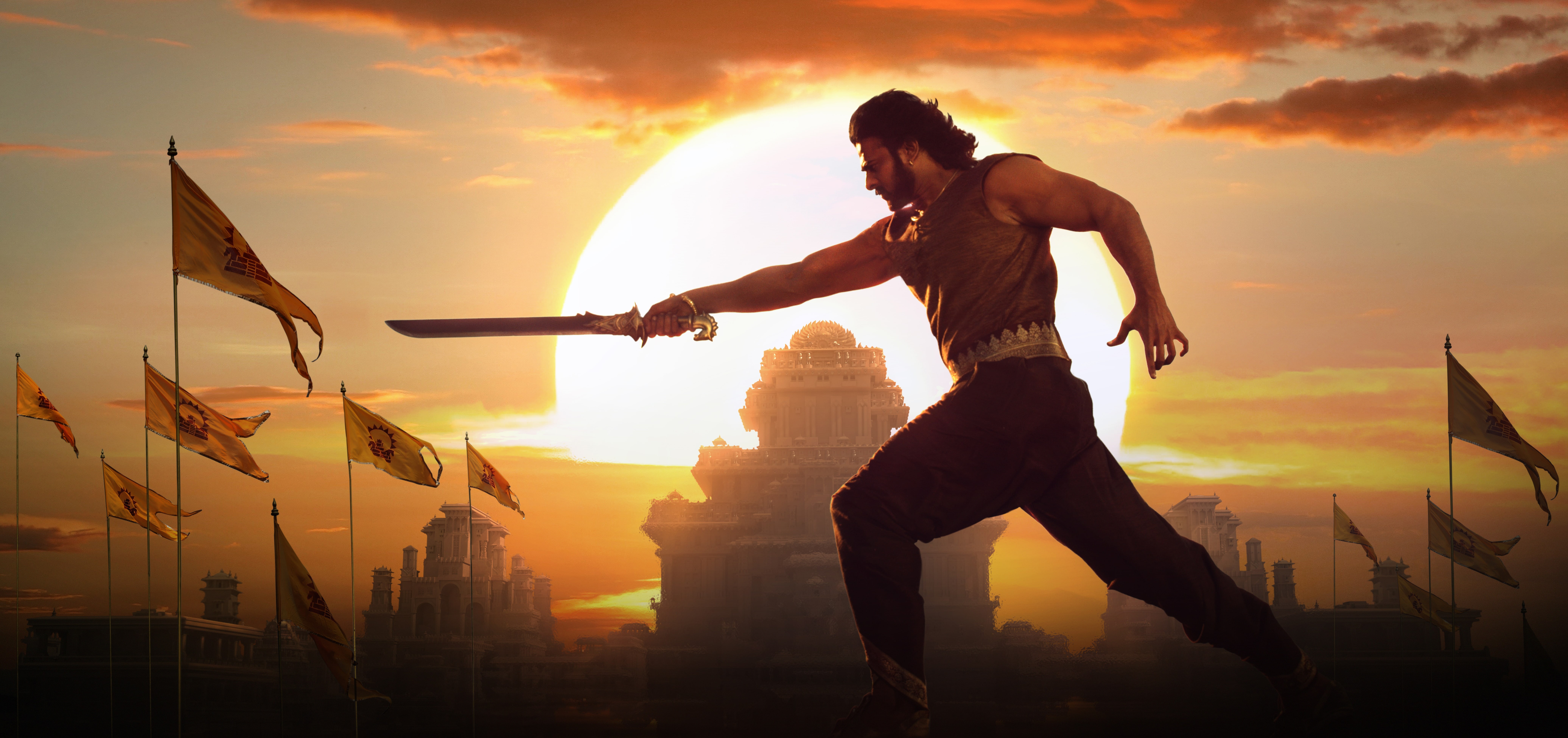 Baahubali 2: The Conclusion, Prabhas, vest, brown, man, 8K, sword, 4K, 8K, holding, HD Wallpaper