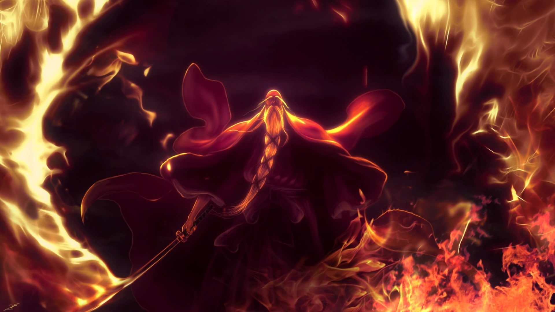 beards, Genryūsai Shigekuni Yamamoto, Bleach, fire, 1080P, HD Wallpaper