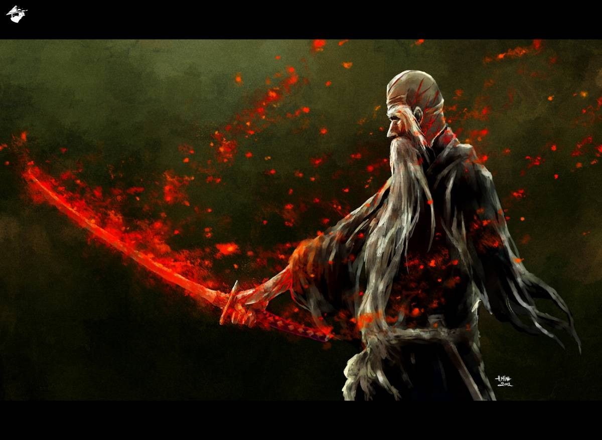 Genryūsai Shigekuni Yamamoto, NanFe, red, sword, artwork, Bleach, beards, fire, anime boys, 480P, samurai, Hollow, HD Wallpaper