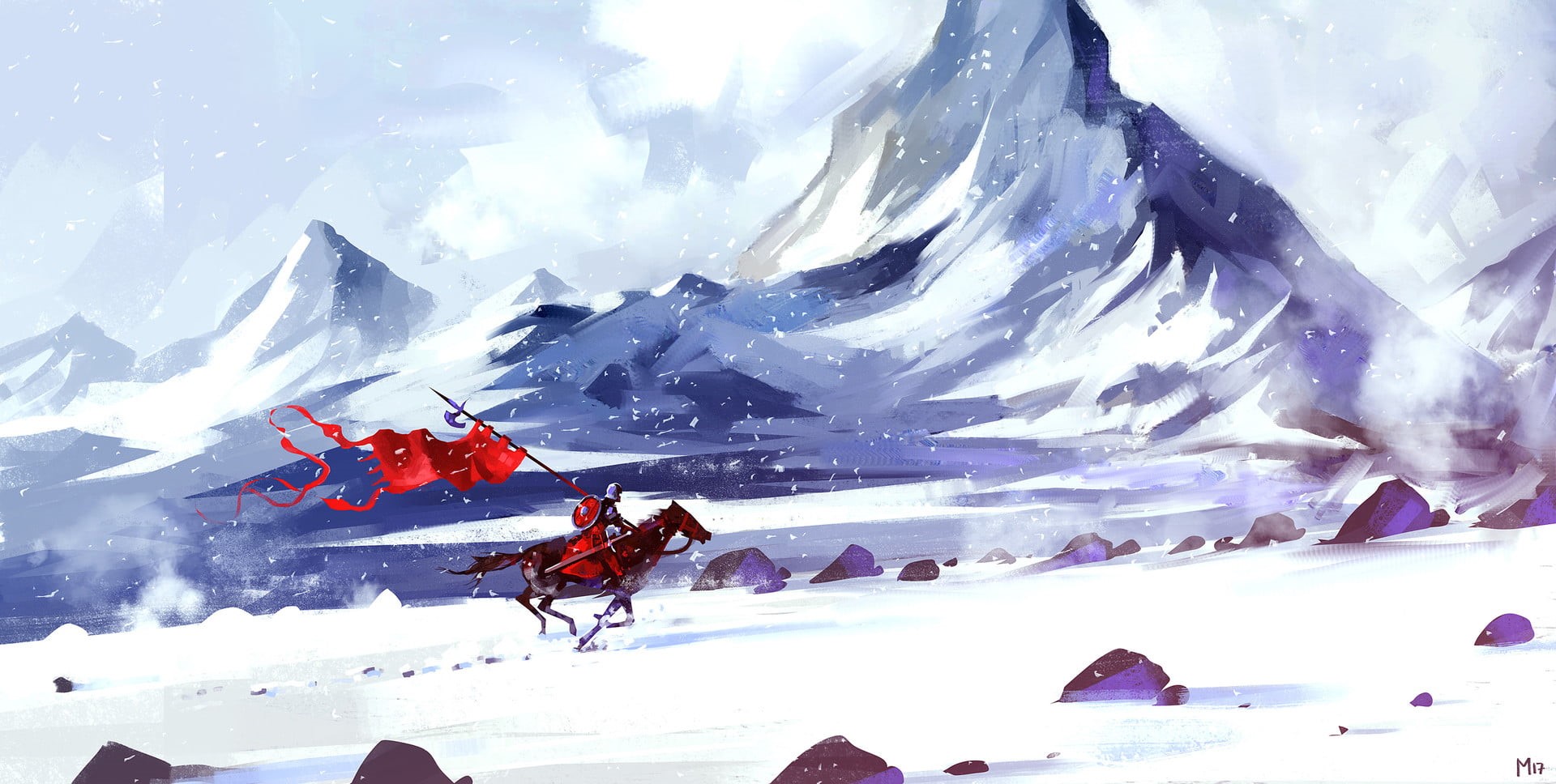 red, artwork, sky, real people, scenics - nature, mountain, digital art, man, snow, riding, winter sport, leisure activity, beauty in nature, 1080P, white color, HD Wallpaper